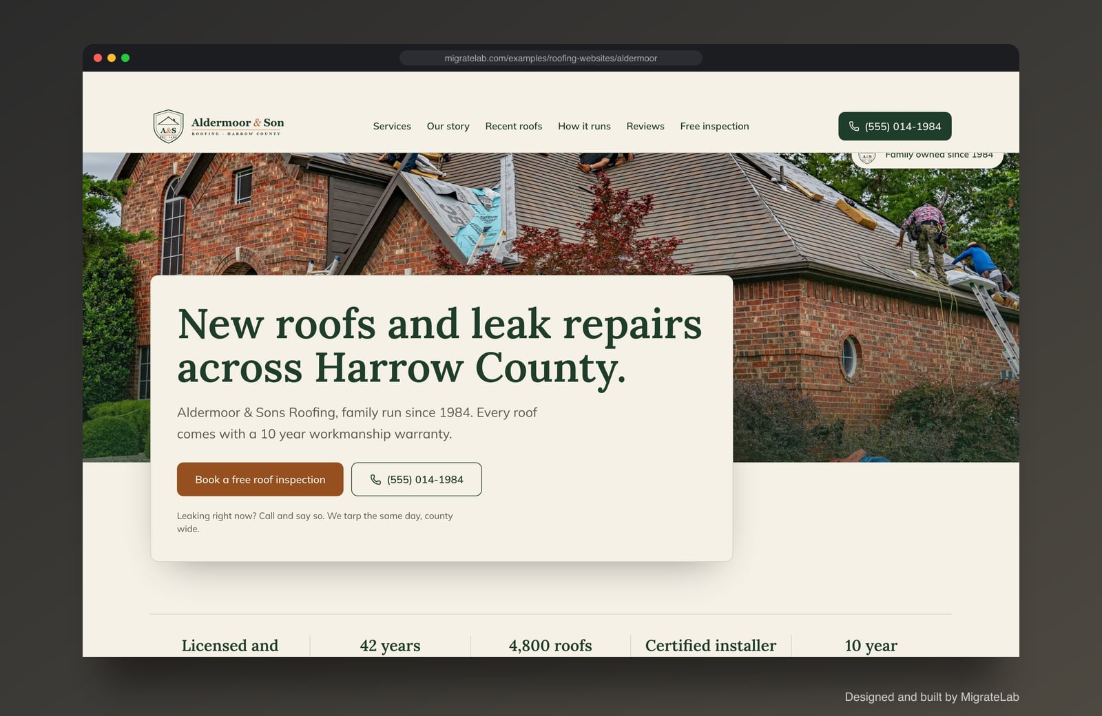 Roofing company website example by MigrateLab: Aldermoor & Sons Roofing, a heritage and trust design shown in a browser