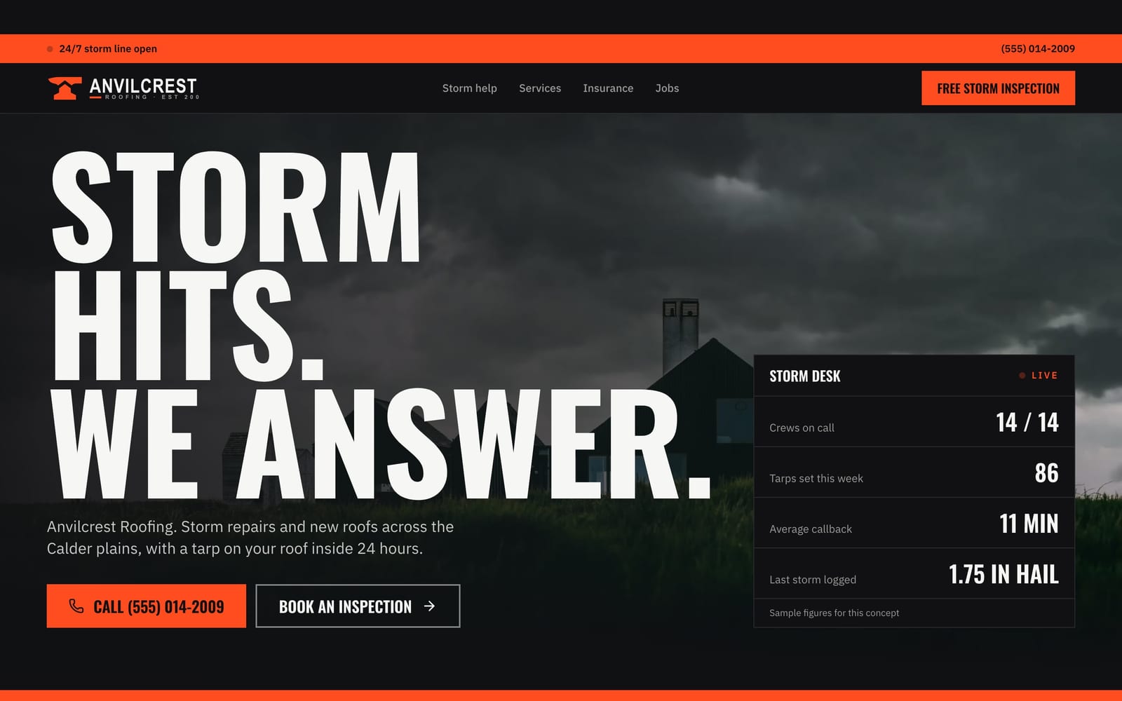 Roofing company website design: Anvilcrest Roofing home page, bold and industrial style