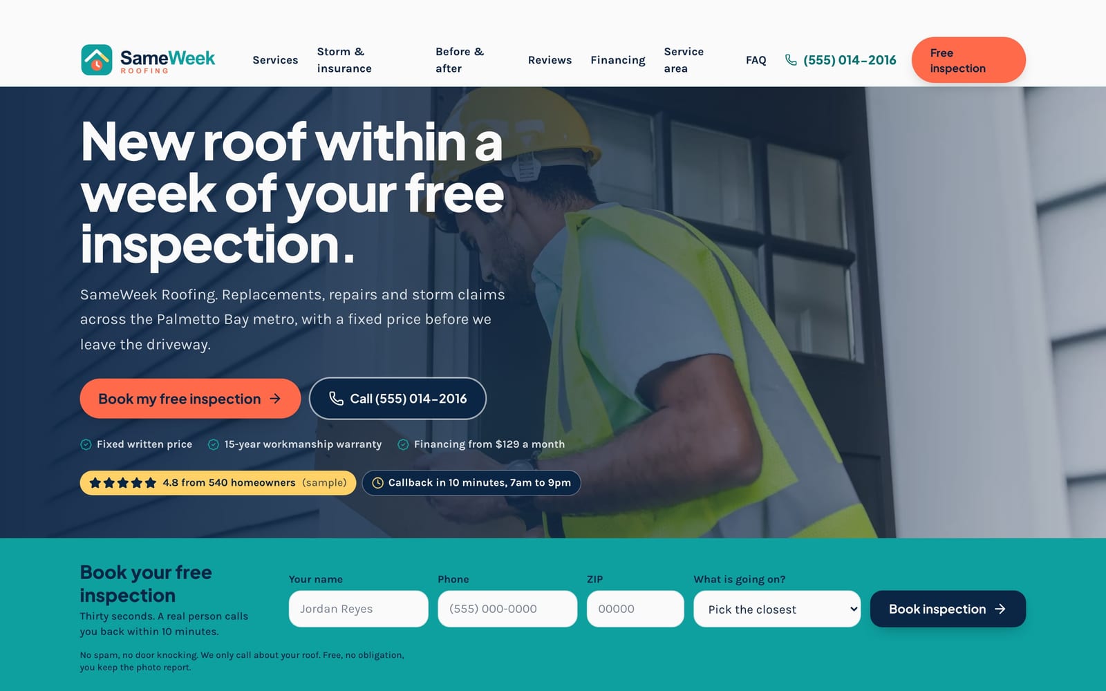 Roofing company website design: SameWeek Roofing home page, lead machine style