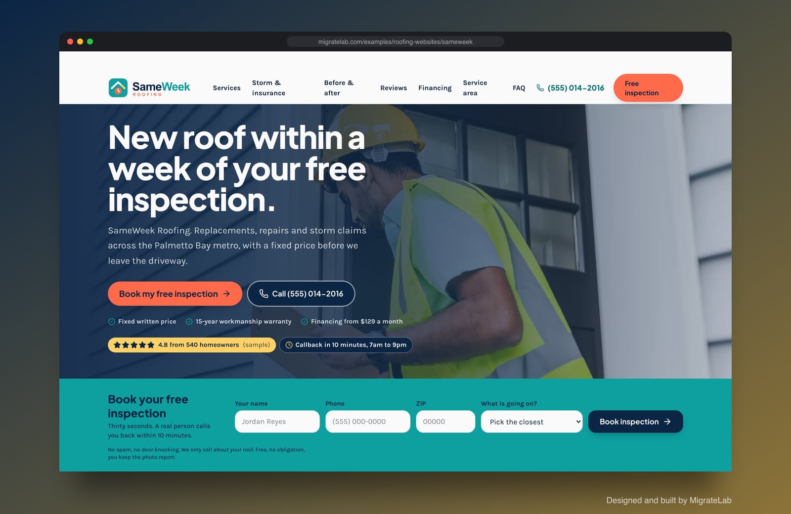 Roofing company website example by MigrateLab: SameWeek Roofing, a lead machine design shown in a browser
