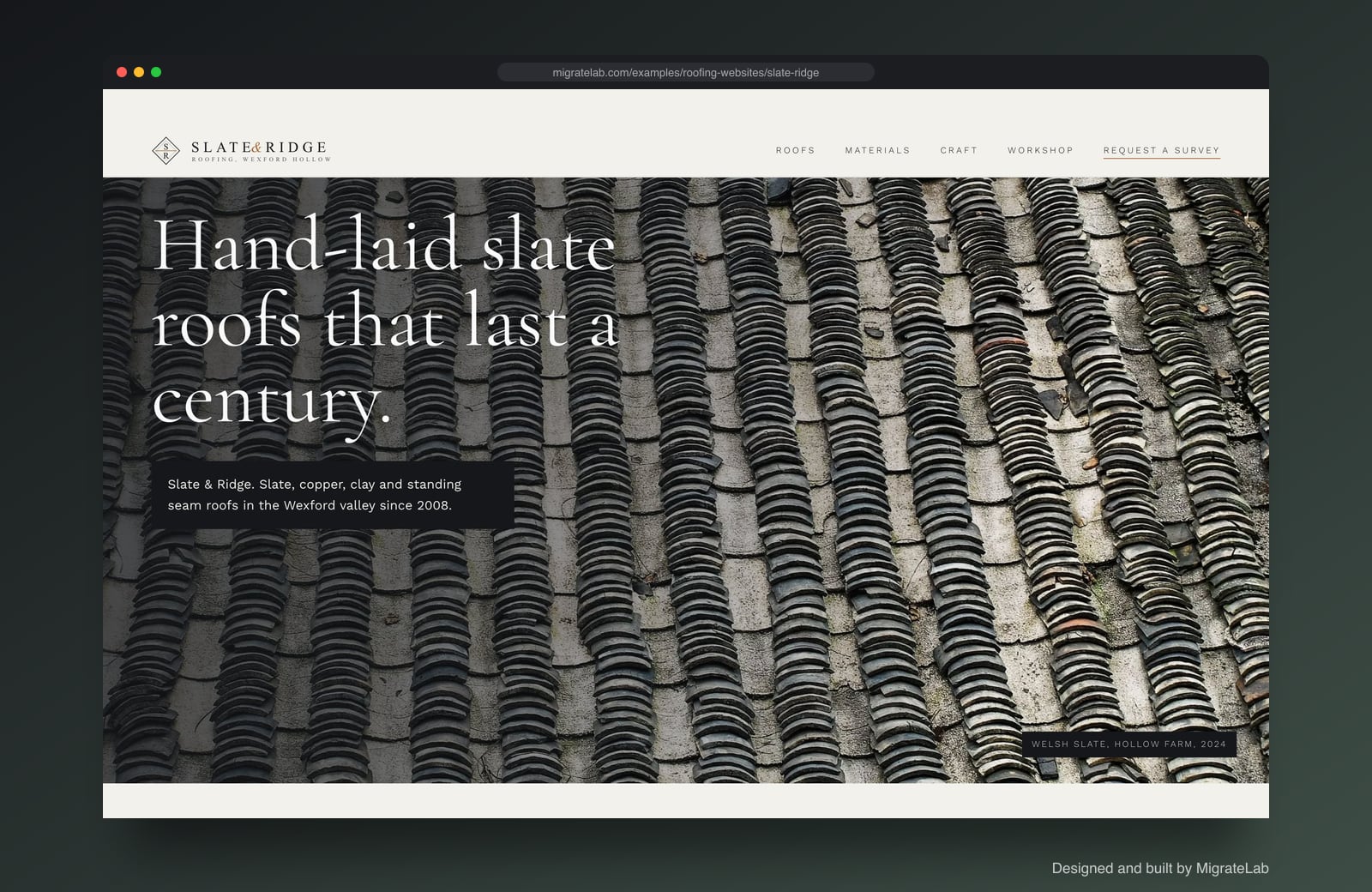 Roofing company website example by MigrateLab: Slate & Ridge Roofing, a premium design-led design shown in a browser