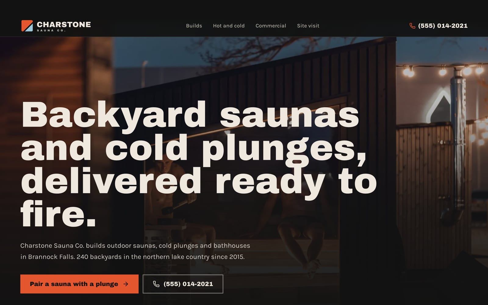 Sauna builder website design: Charstone Sauna Co. home page, bold and industrial style