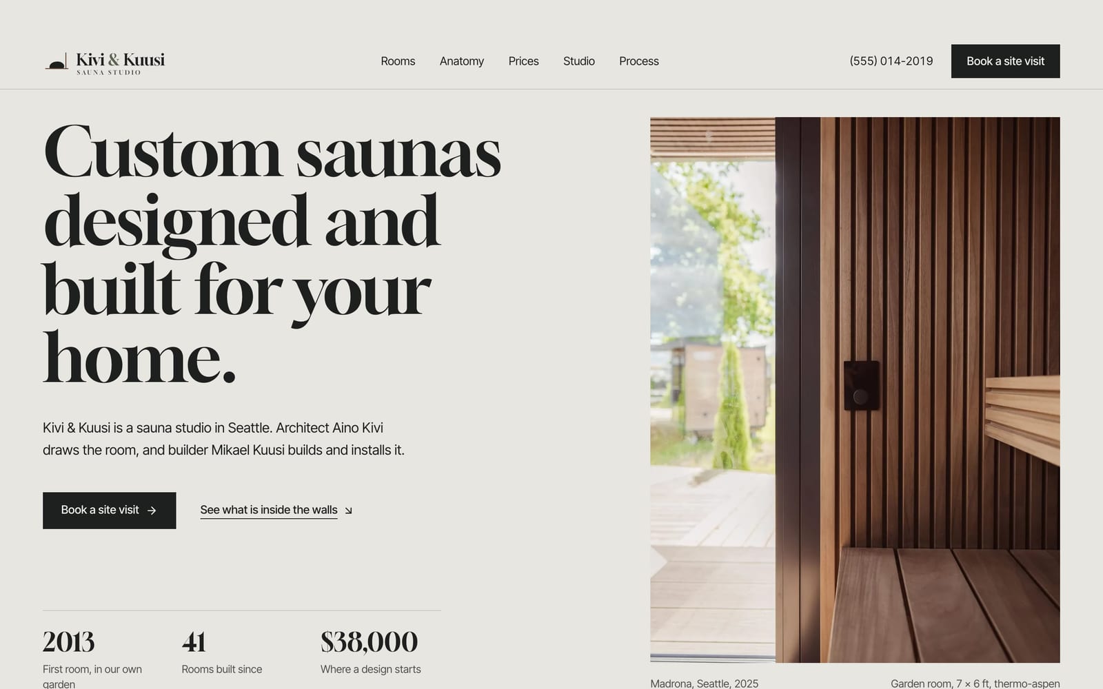 Sauna builder website design: Kivi & Kuusi Sauna Studio home page, premium design-led style