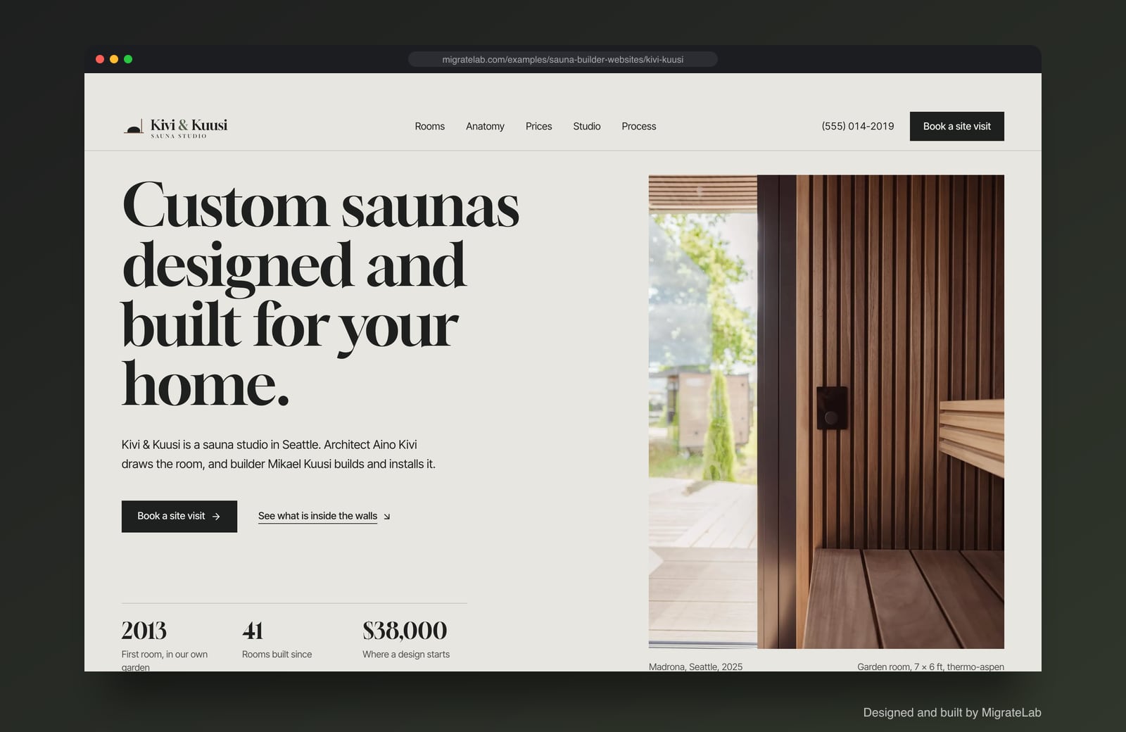 Sauna builder website example by MigrateLab: Kivi & Kuusi Sauna Studio, a premium design-led design shown in a browser