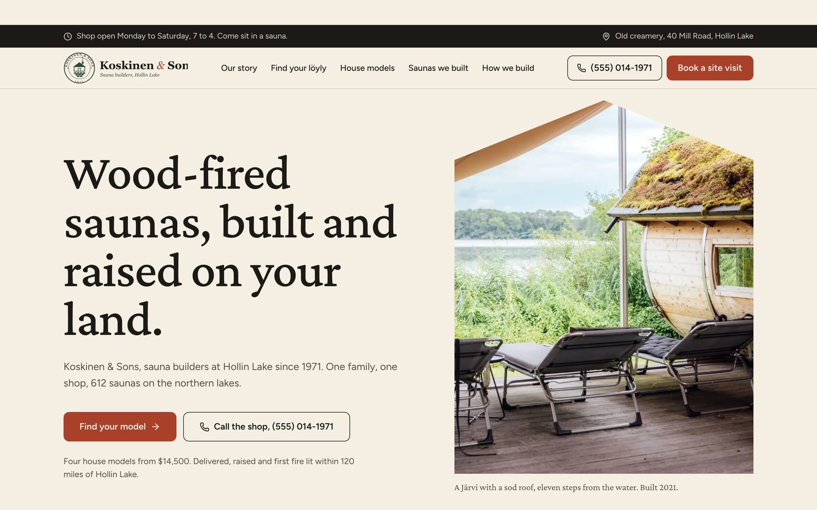 Sauna builder website design: Koskinen & Sons Sauna Builders home page, heritage and trust style
