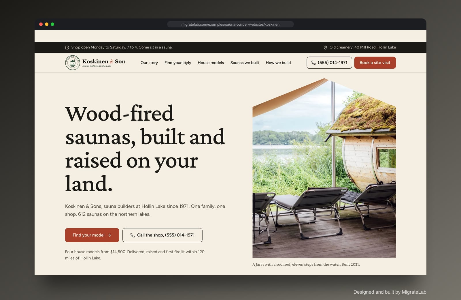 Sauna builder website example by MigrateLab: Koskinen & Sons Sauna Builders, a heritage and trust design shown in a browser