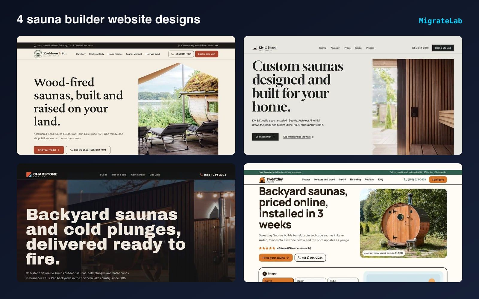Four sauna builder website designs by MigrateLab shown side by side