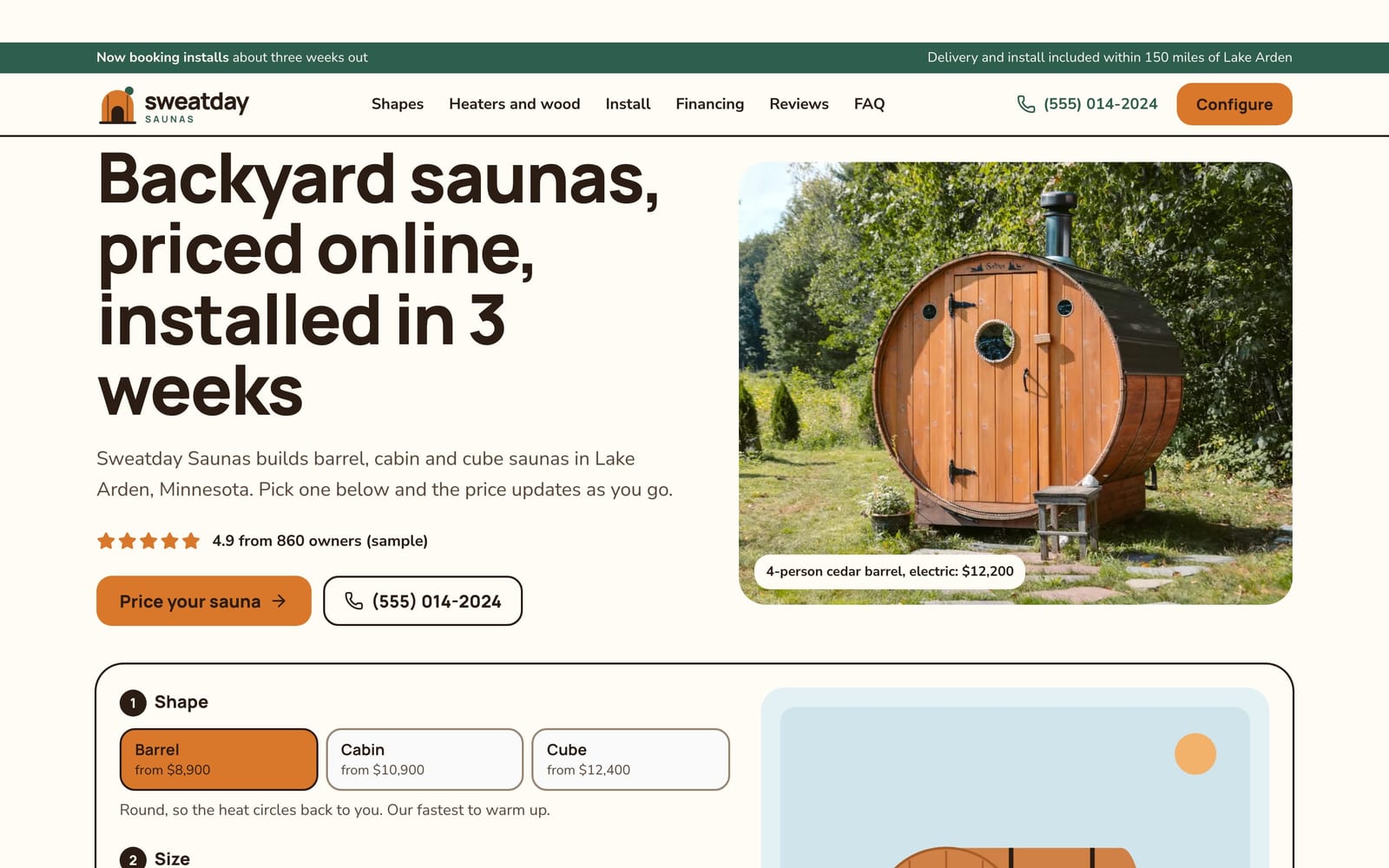 Sauna builder website design: Sweatday Saunas home page, lead machine style