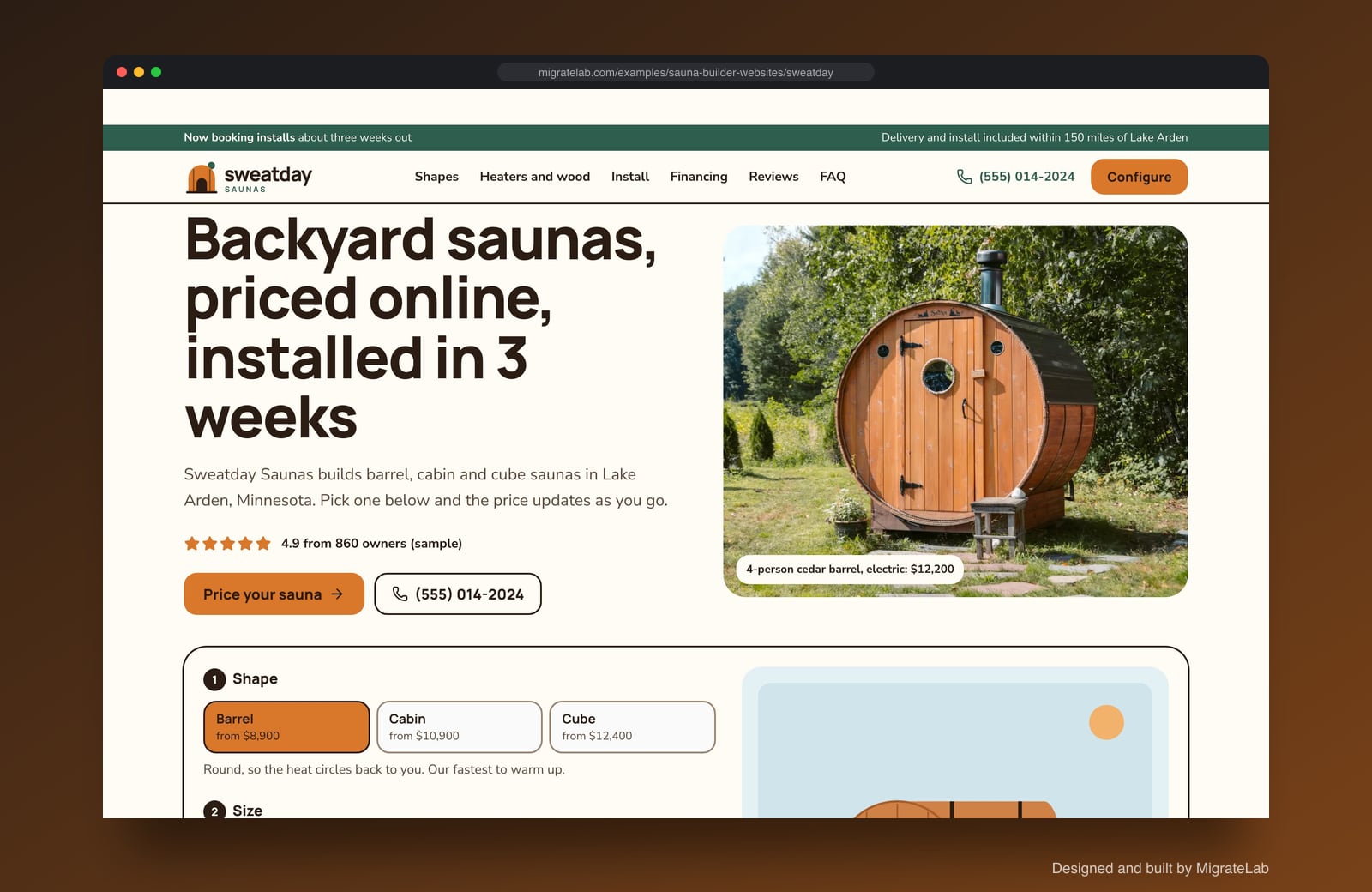 Sauna builder website example by MigrateLab: Sweatday Saunas, a lead machine design shown in a browser