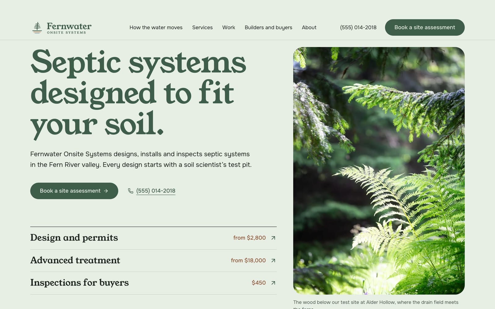 Septic service company website design: Fernwater Onsite Systems home page, premium design-led style