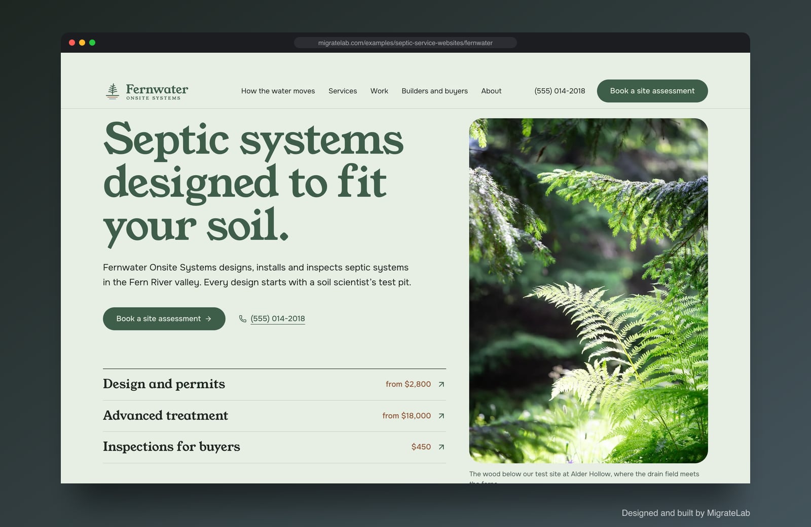 Septic service company website example by MigrateLab: Fernwater Onsite Systems, a premium design-led design shown in a browser