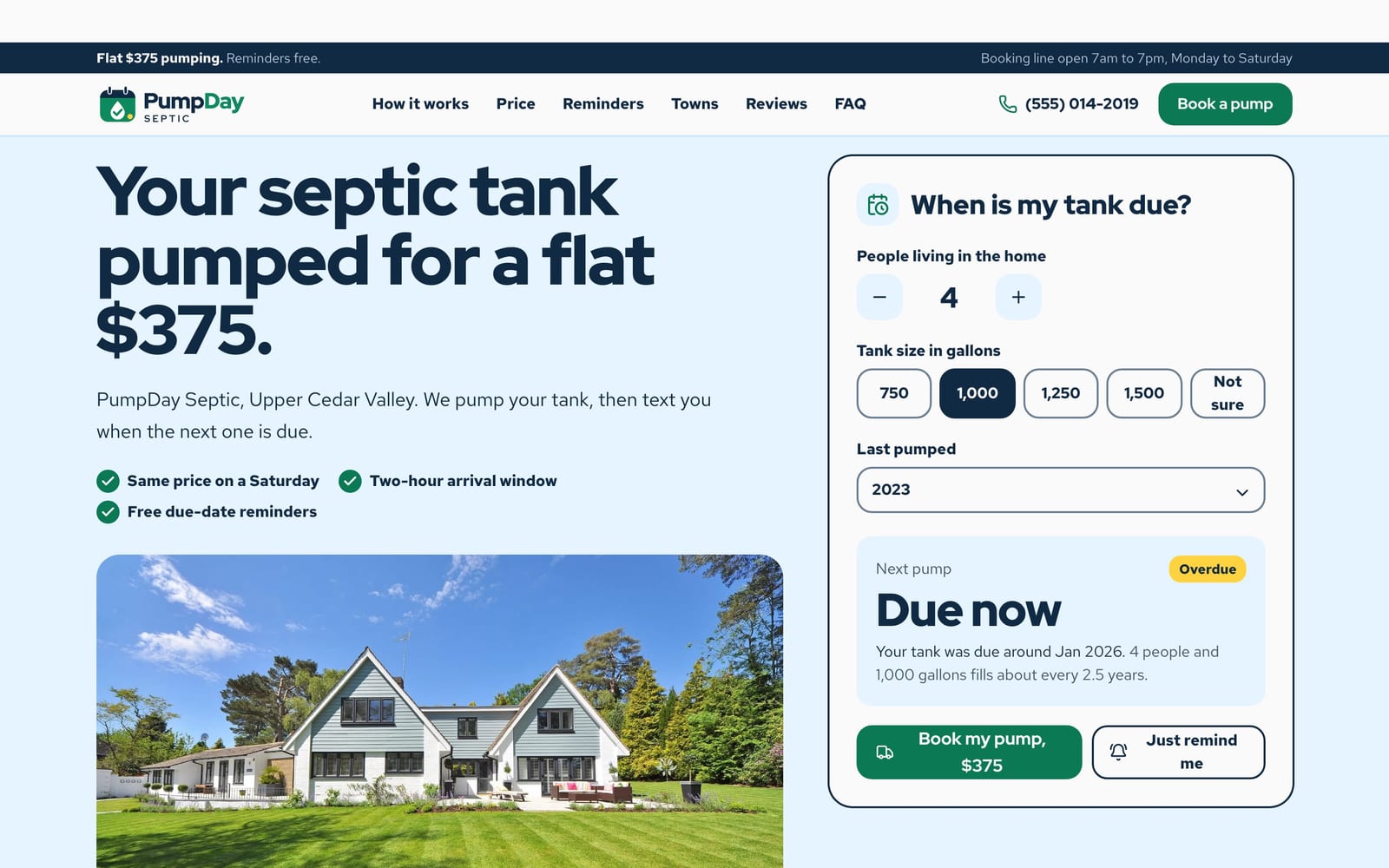 Septic service company website design: PumpDay Septic home page, lead machine style