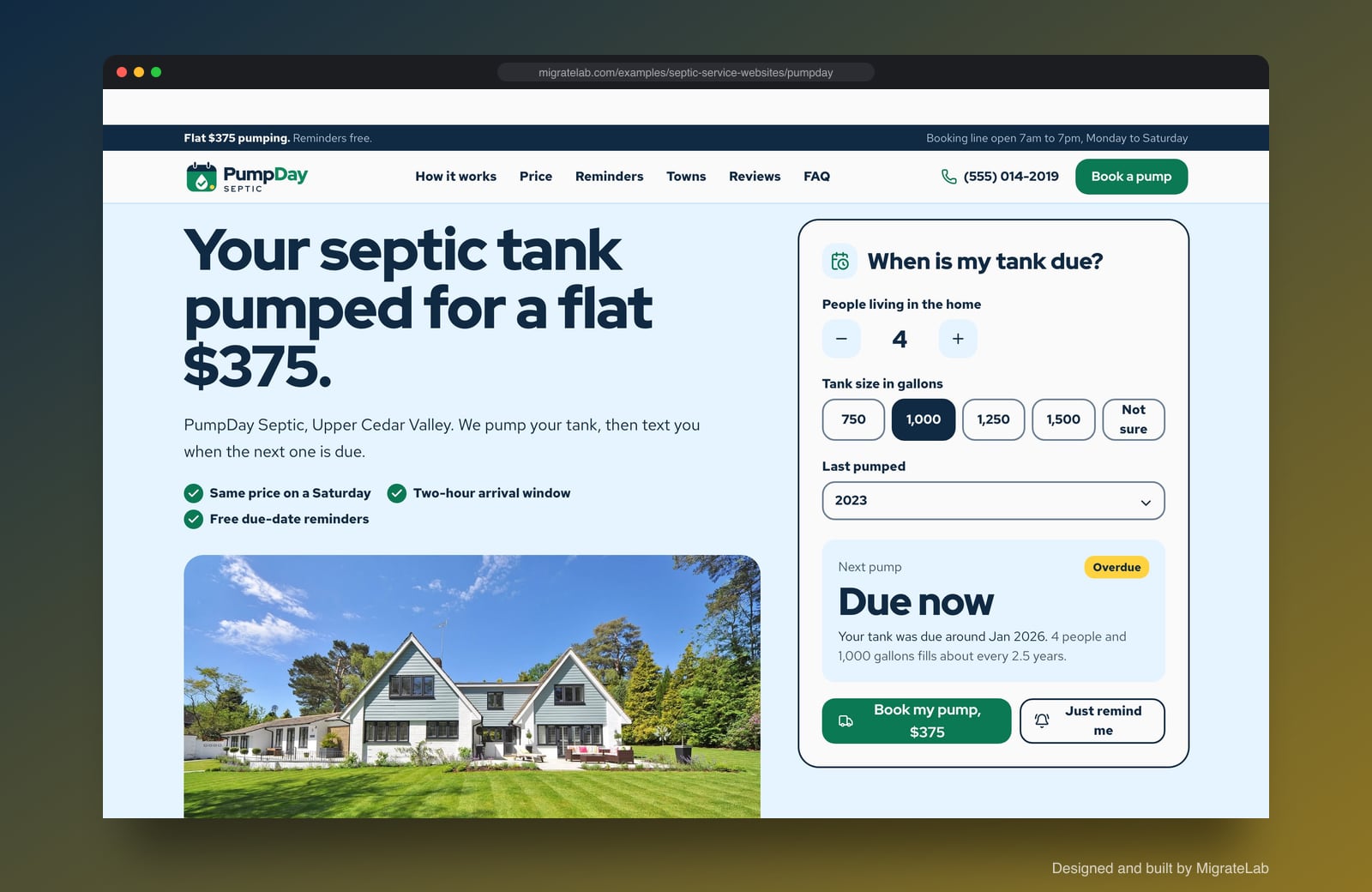 Septic service company website example by MigrateLab: PumpDay Septic, a lead machine design shown in a browser