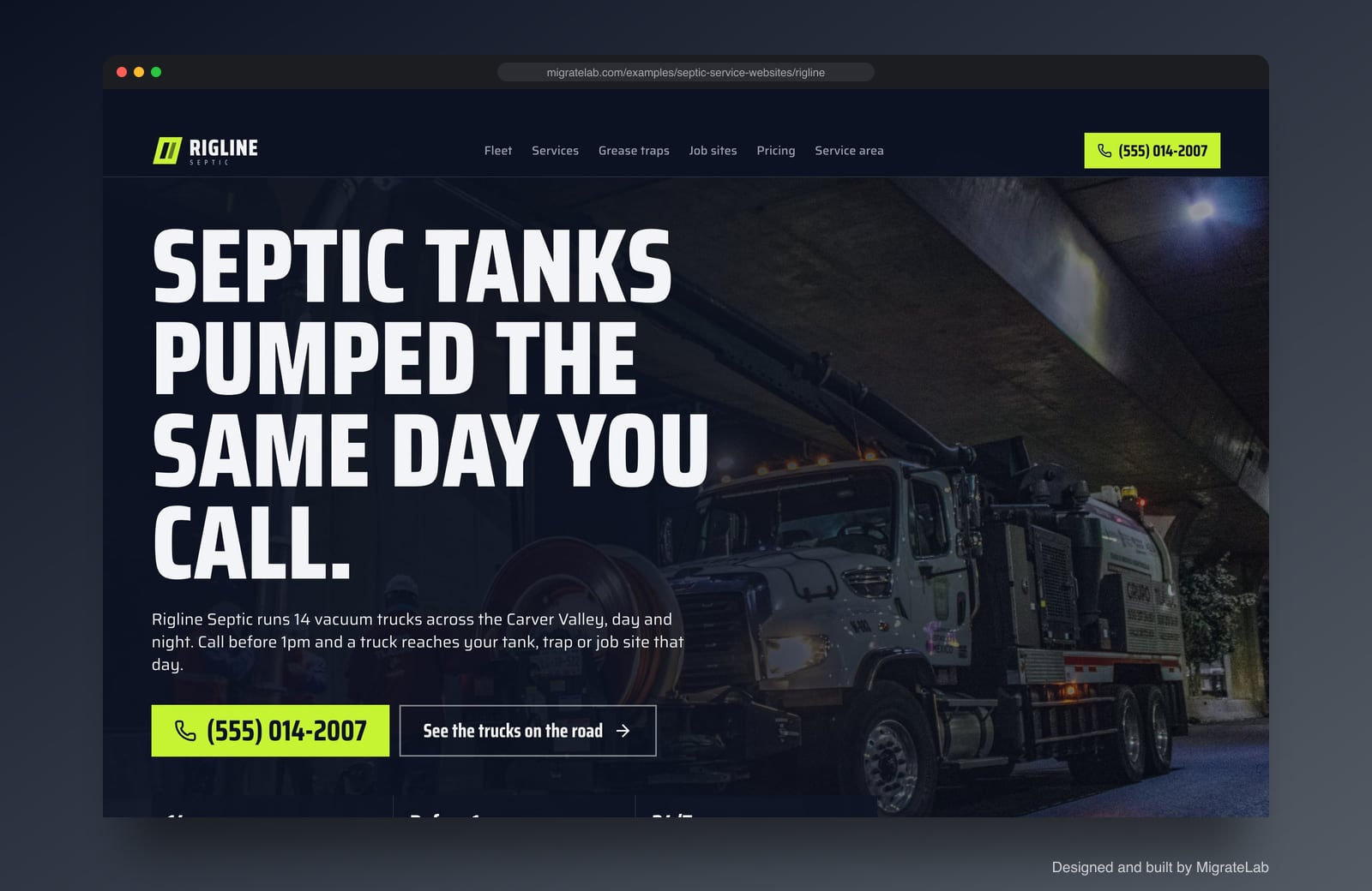 Septic service company website example by MigrateLab: Rigline Septic, a bold and industrial design shown in a browser