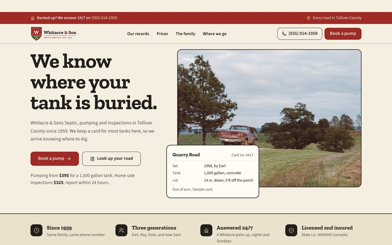 Septic service company website design: Whitacre & Sons Septic home page, heritage and trust style