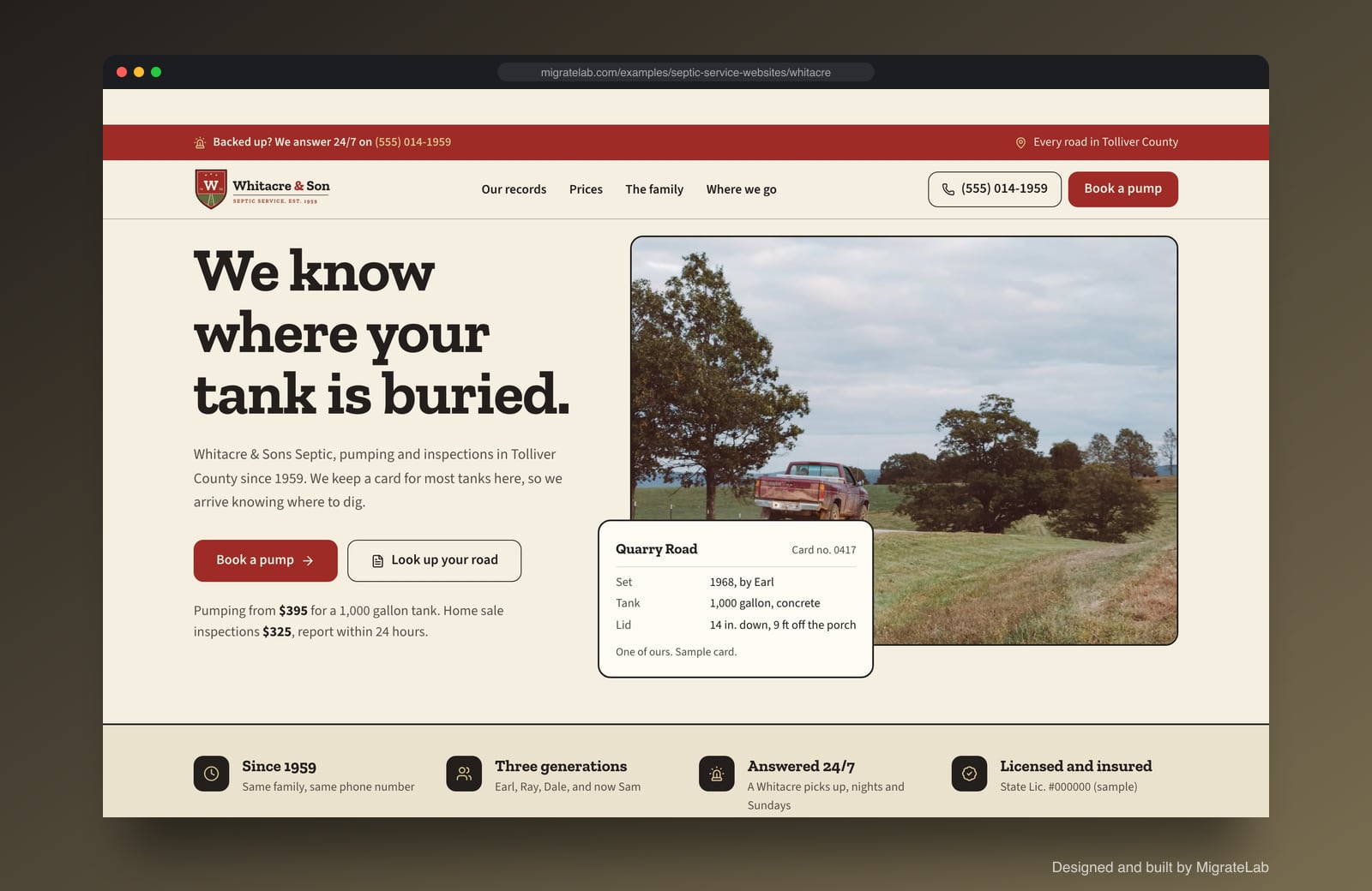 Septic service company website example by MigrateLab: Whitacre & Sons Septic, a heritage and trust design shown in a browser