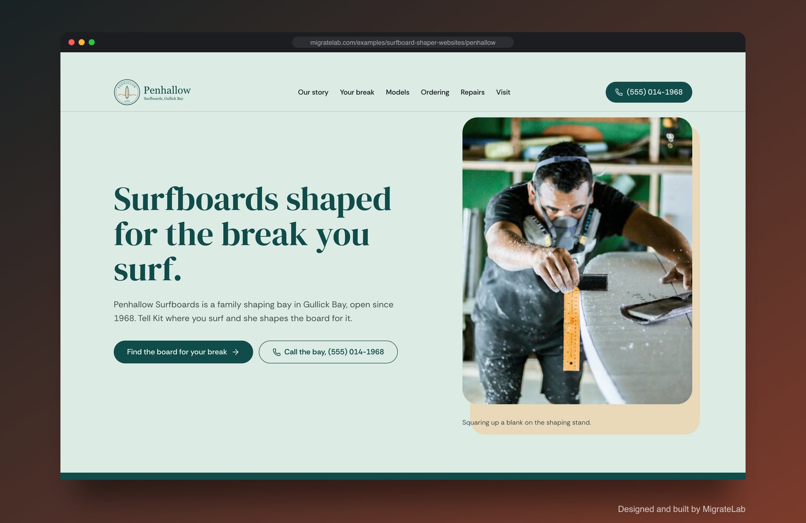 Surfboard shaper website example by MigrateLab: Penhallow Surfboards, a heritage and trust design shown in a browser