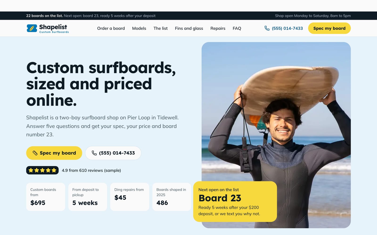Surfboard shaper website design: Shapelist Custom Surfboards home page, lead machine style