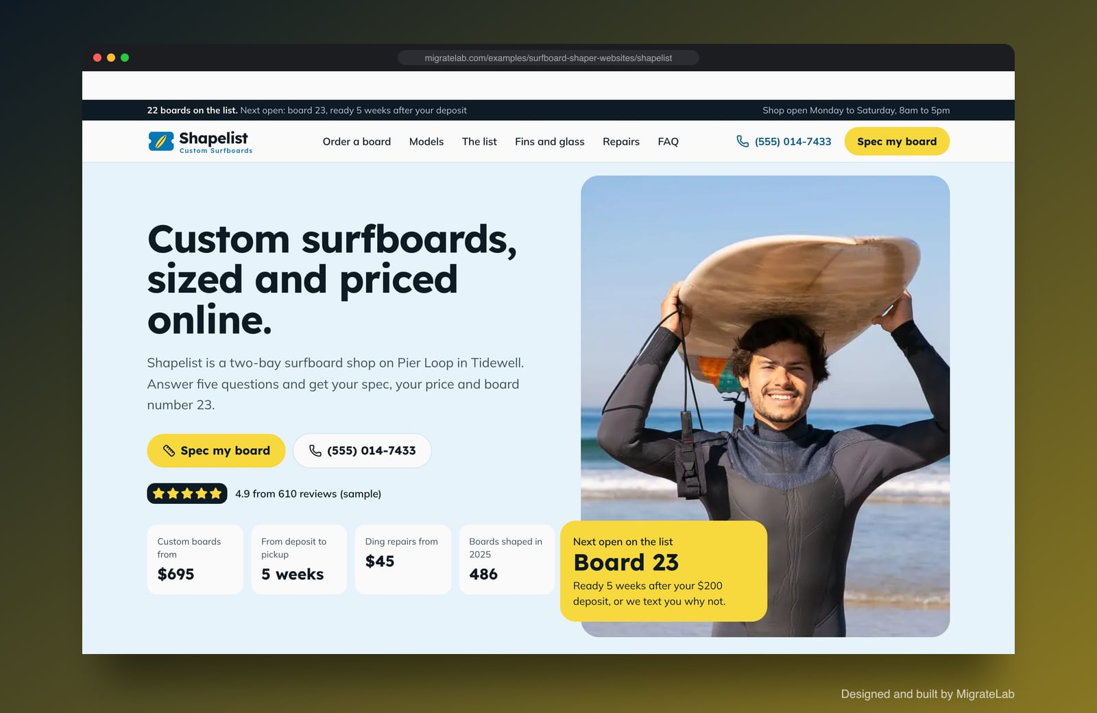 Surfboard shaper website example by MigrateLab: Shapelist Custom Surfboards, a lead machine design shown in a browser