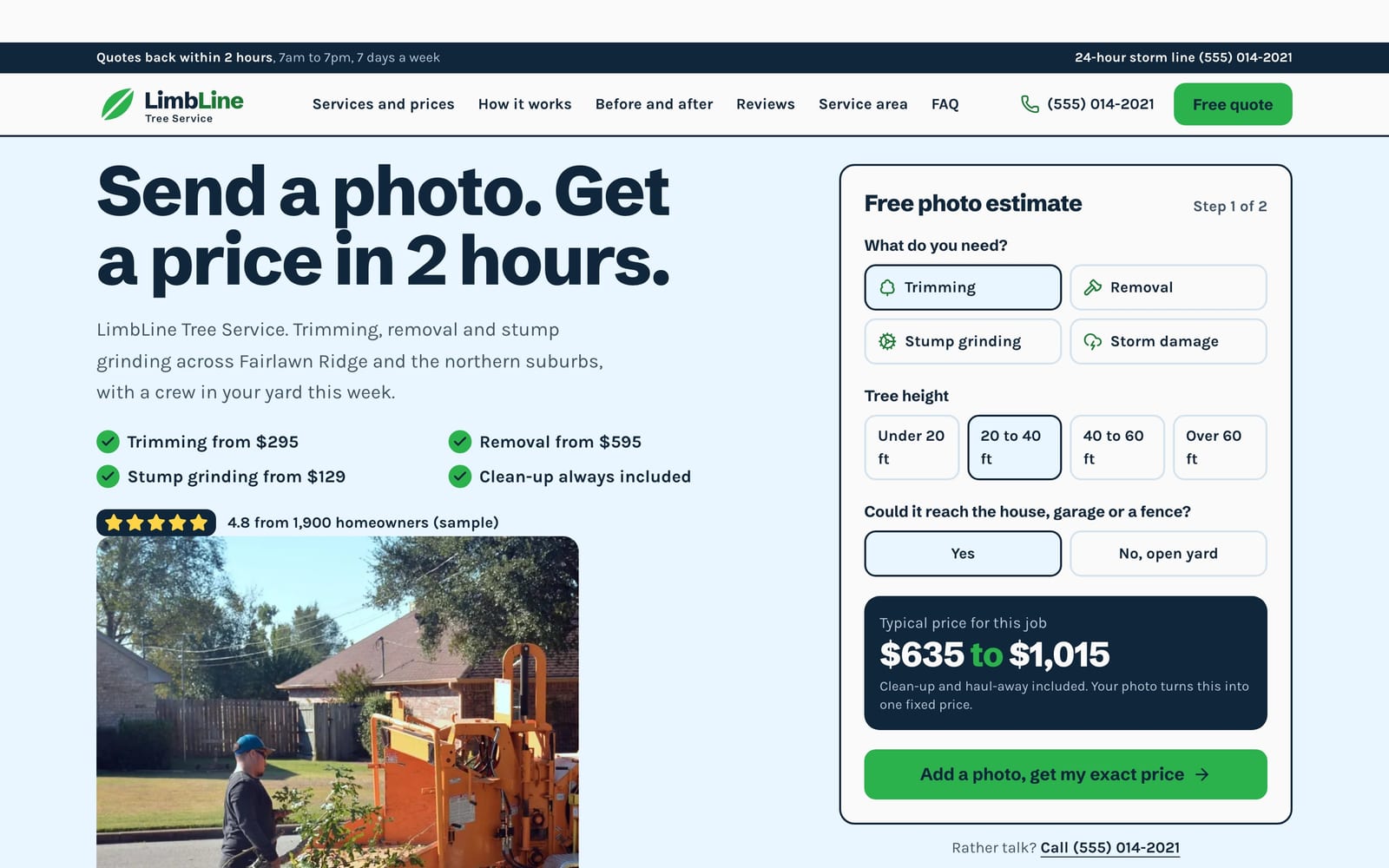 Tree service company website design: LimbLine Tree Service home page, lead machine style