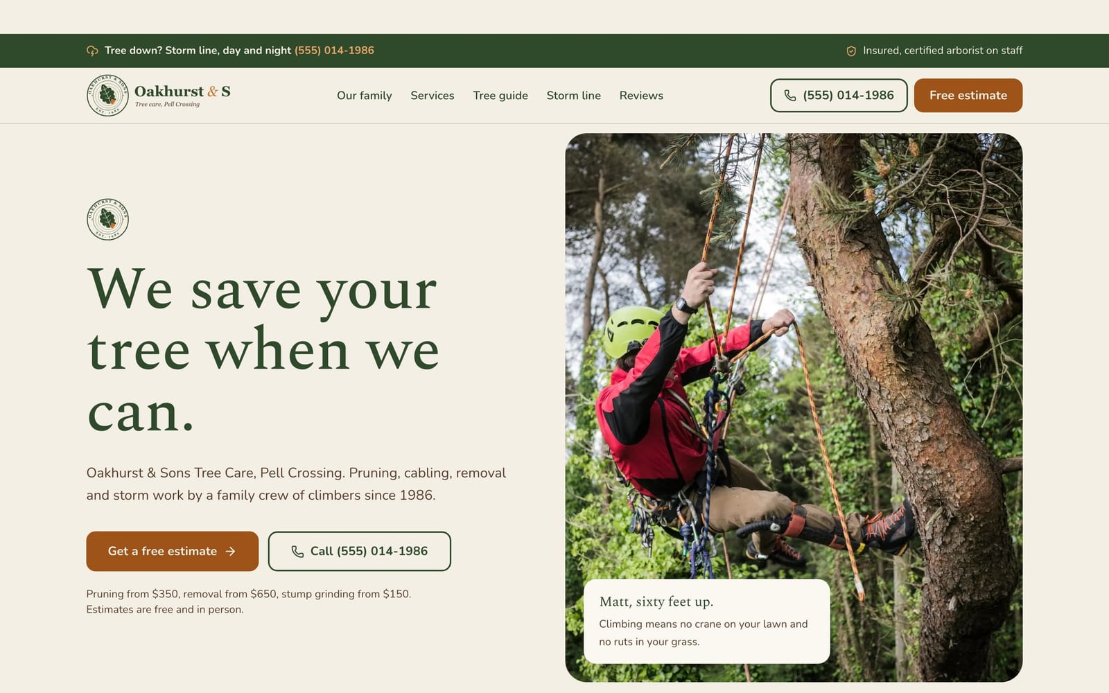 Tree service company website design: Oakhurst & Sons Tree Care home page, heritage and trust style
