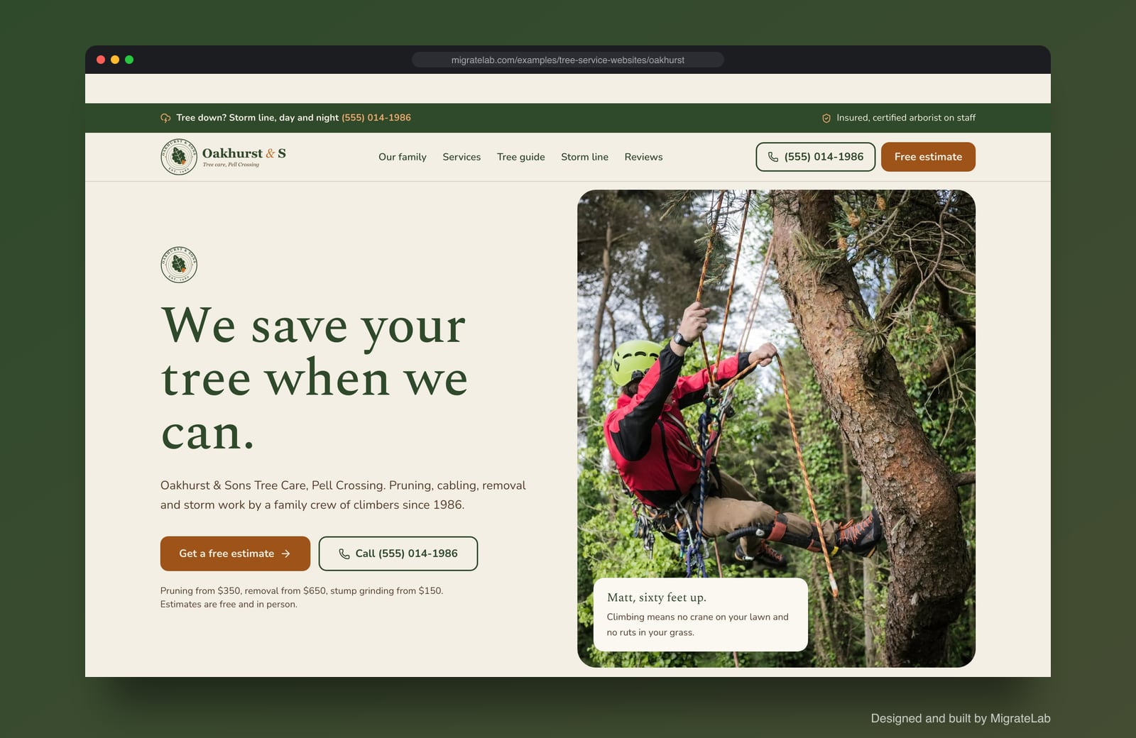 Tree service company website example by MigrateLab: Oakhurst & Sons Tree Care, a heritage and trust design shown in a browser