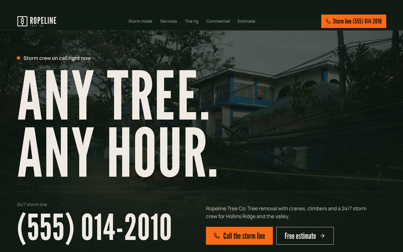 Tree service company website design: Ropeline Tree Co. home page, bold and industrial style