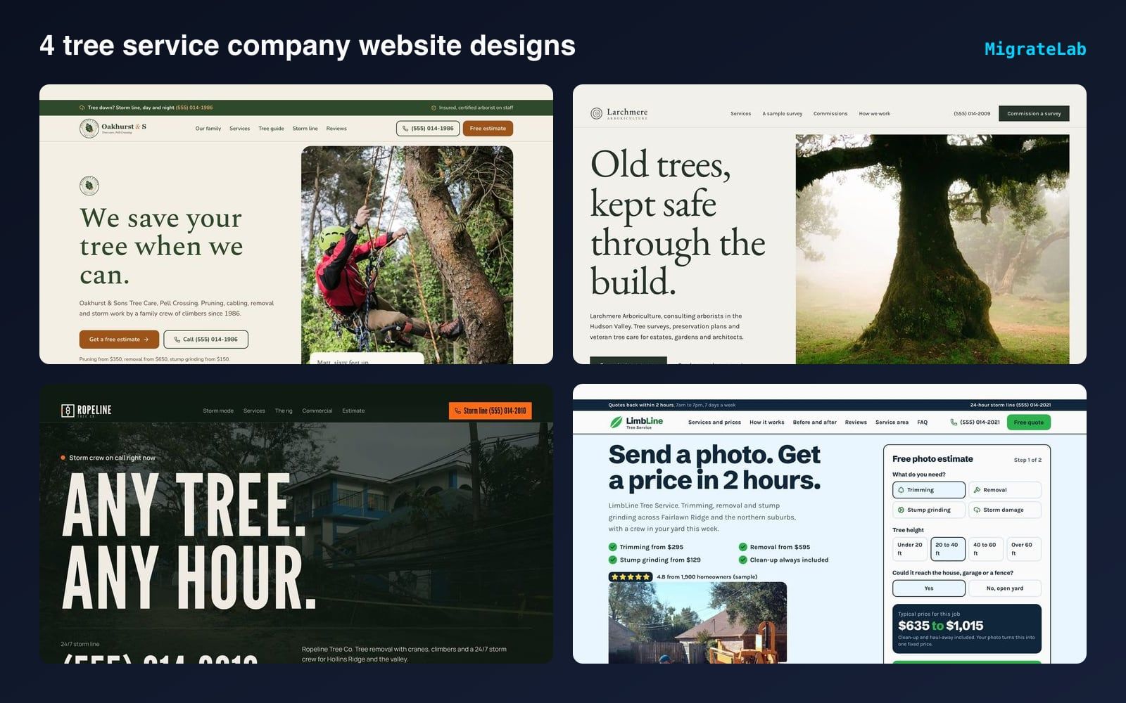 Four tree service company website designs by MigrateLab shown side by side