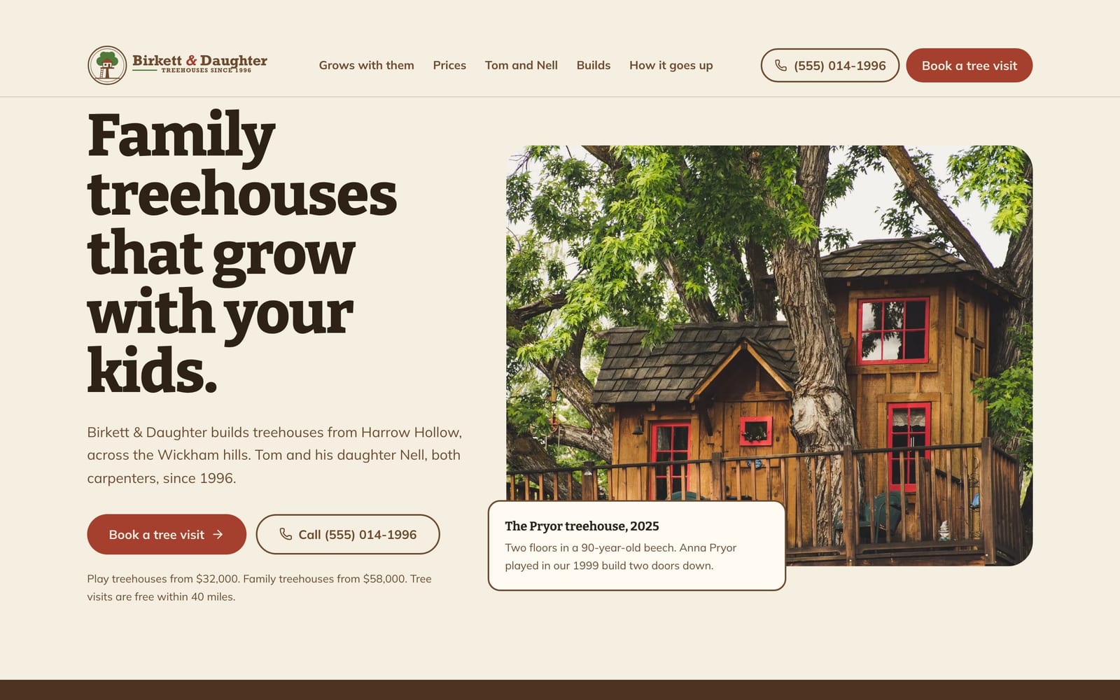 Treehouse builder website design: Birkett & Daughter Treehouses home page, heritage and trust style