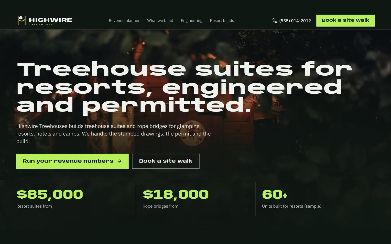 Treehouse builder website design: Highwire Treehouses home page, bold and industrial style