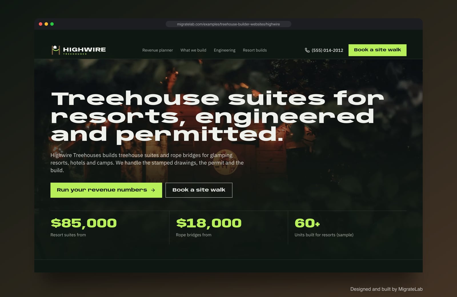Treehouse builder website example by MigrateLab: Highwire Treehouses, a bold and industrial design shown in a browser