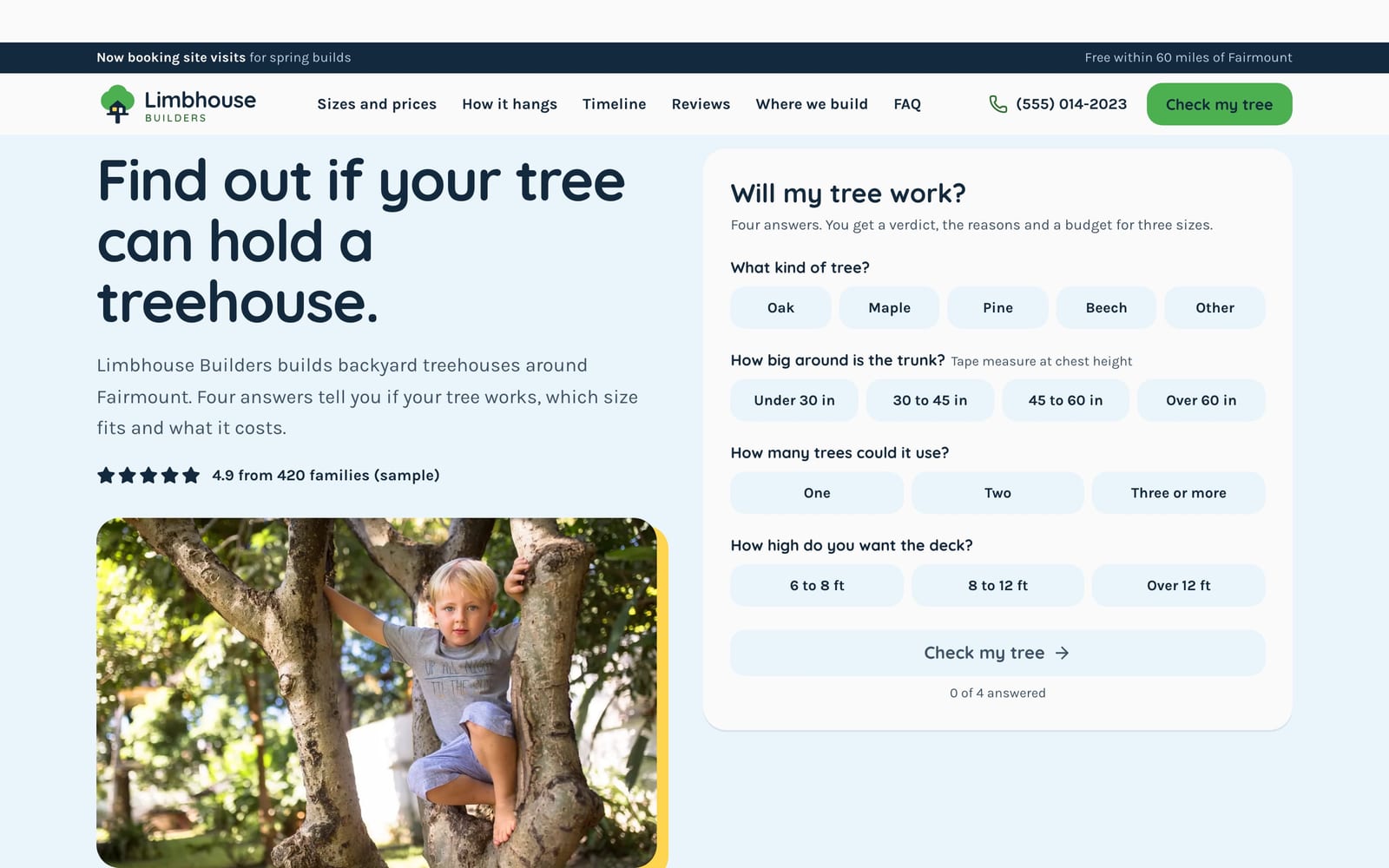Treehouse builder website design: Limbhouse Builders home page, lead machine style