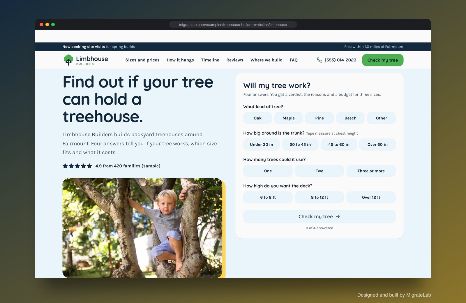 Treehouse builder website example by MigrateLab: Limbhouse Builders, a lead machine design shown in a browser