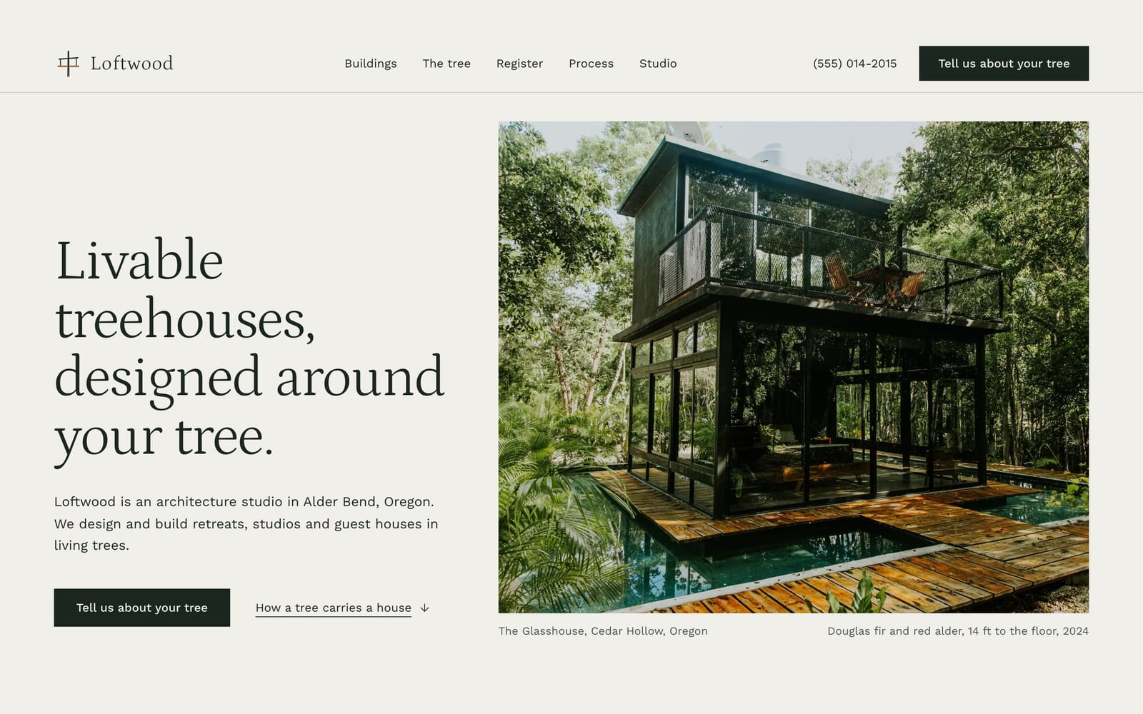 Treehouse builder website design: Loftwood Treehouse Studio home page, premium design-led style
