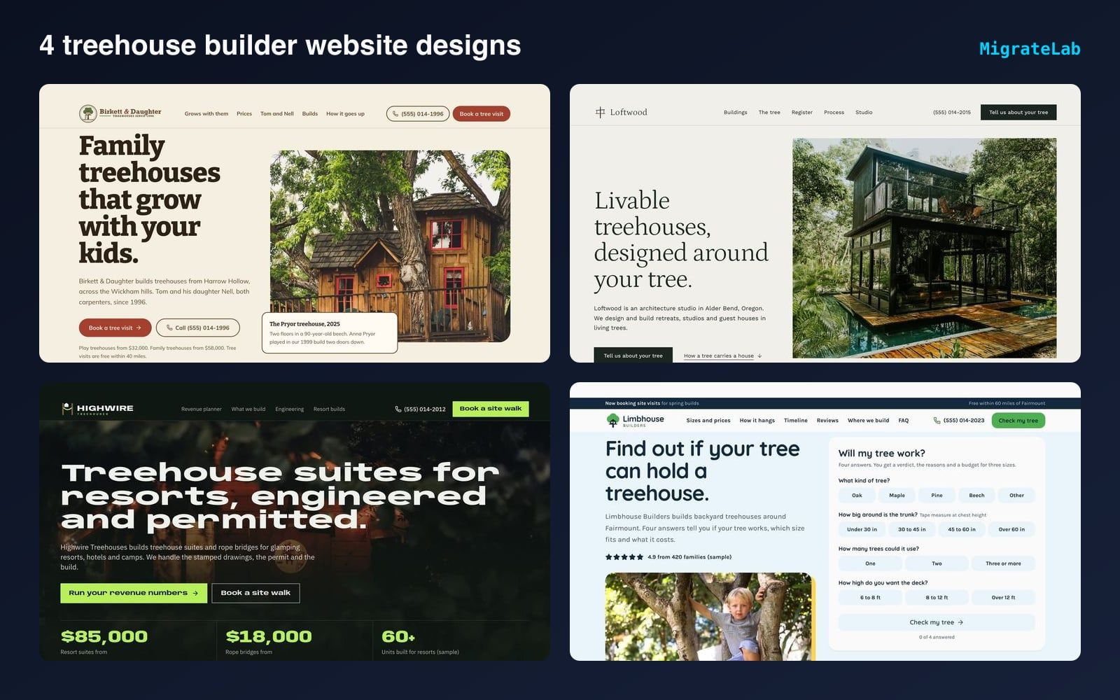Four treehouse builder website designs by MigrateLab shown side by side