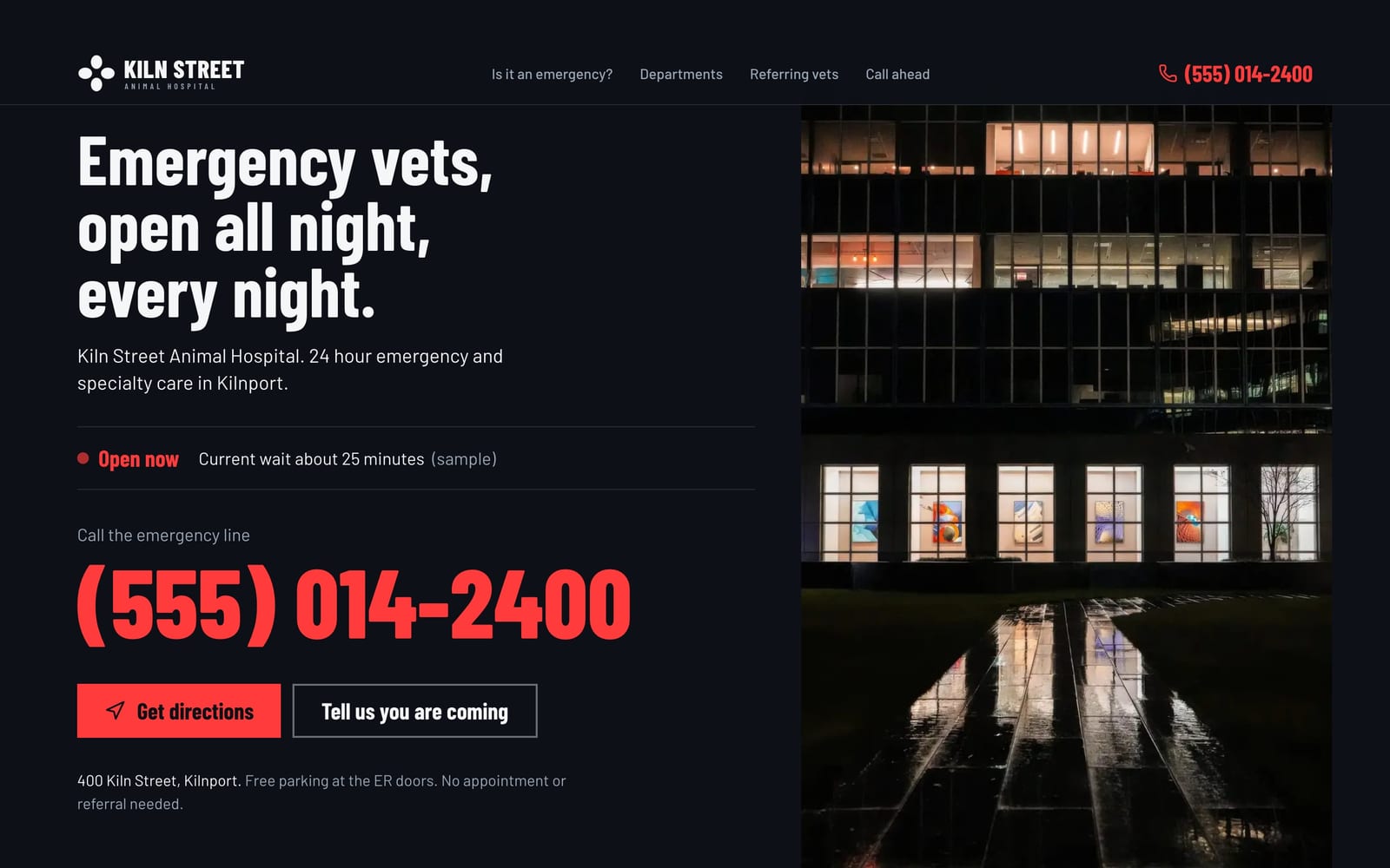 Veterinary clinic website design: Kiln Street Animal Hospital home page, bold and industrial style