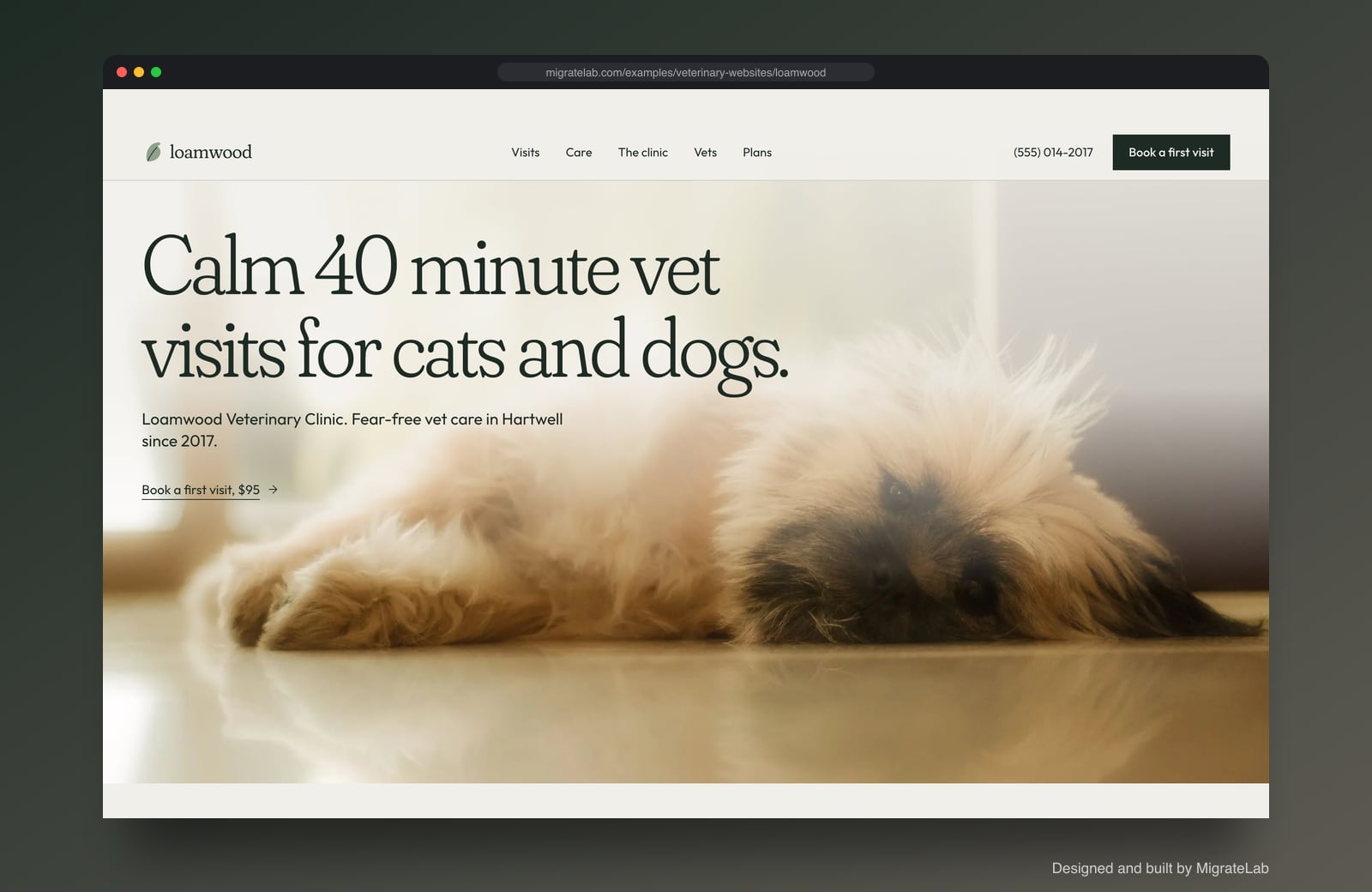 Veterinary clinic website example by MigrateLab: Loamwood Veterinary Clinic, a premium design-led design shown in a browser