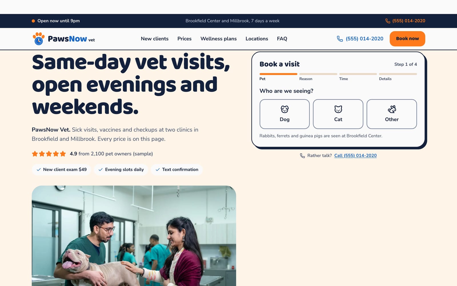 Veterinary clinic website design: PawsNow Vet home page, lead machine style