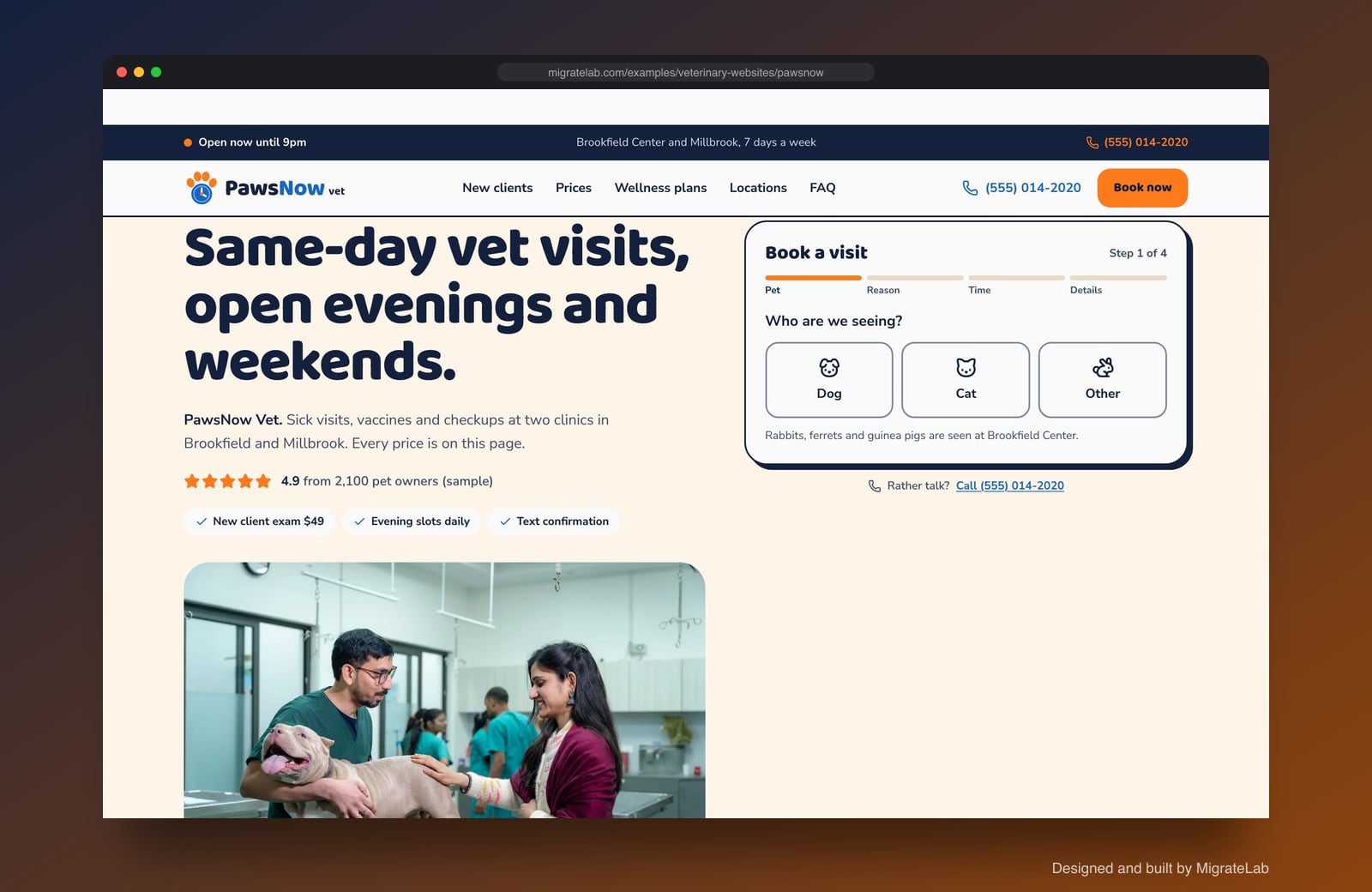 Veterinary clinic website example by MigrateLab: PawsNow Vet, a lead machine design shown in a browser