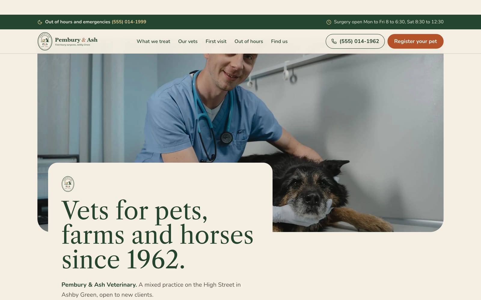 Veterinary clinic website design: Pembury & Ash Veterinary home page, heritage and trust style