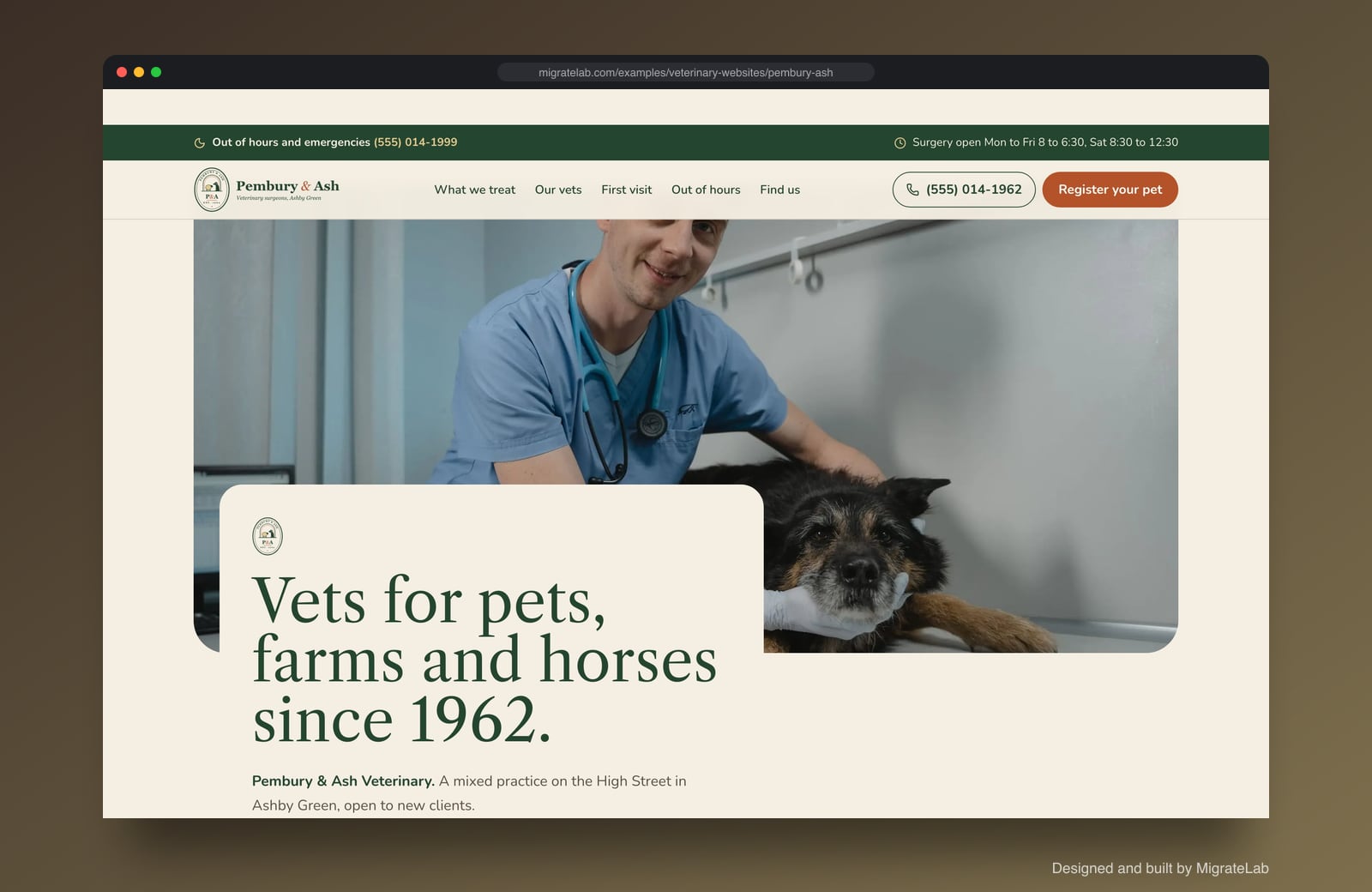 Veterinary clinic website example by MigrateLab: Pembury & Ash Veterinary, a heritage and trust design shown in a browser