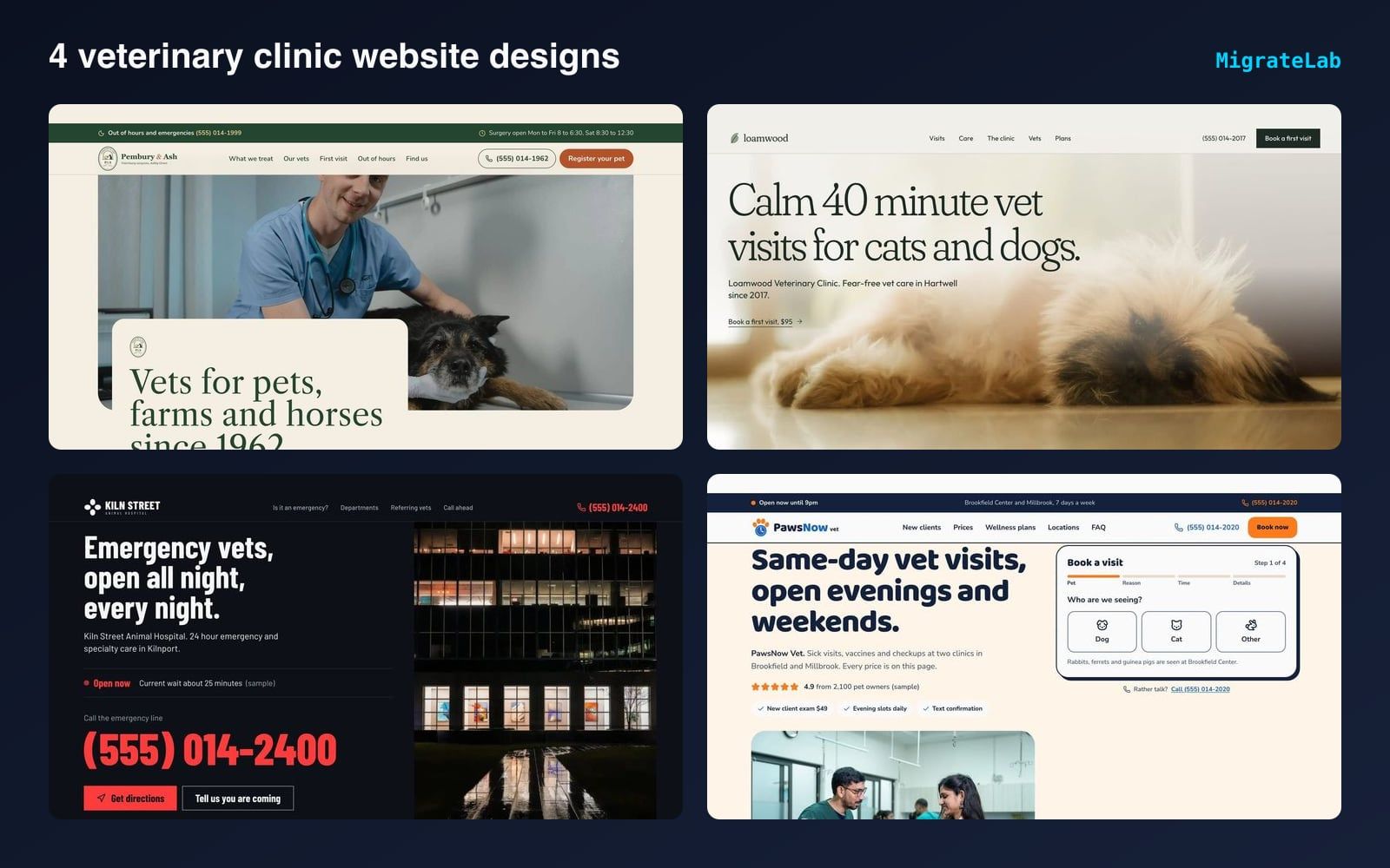 Four veterinary clinic website designs by MigrateLab shown side by side