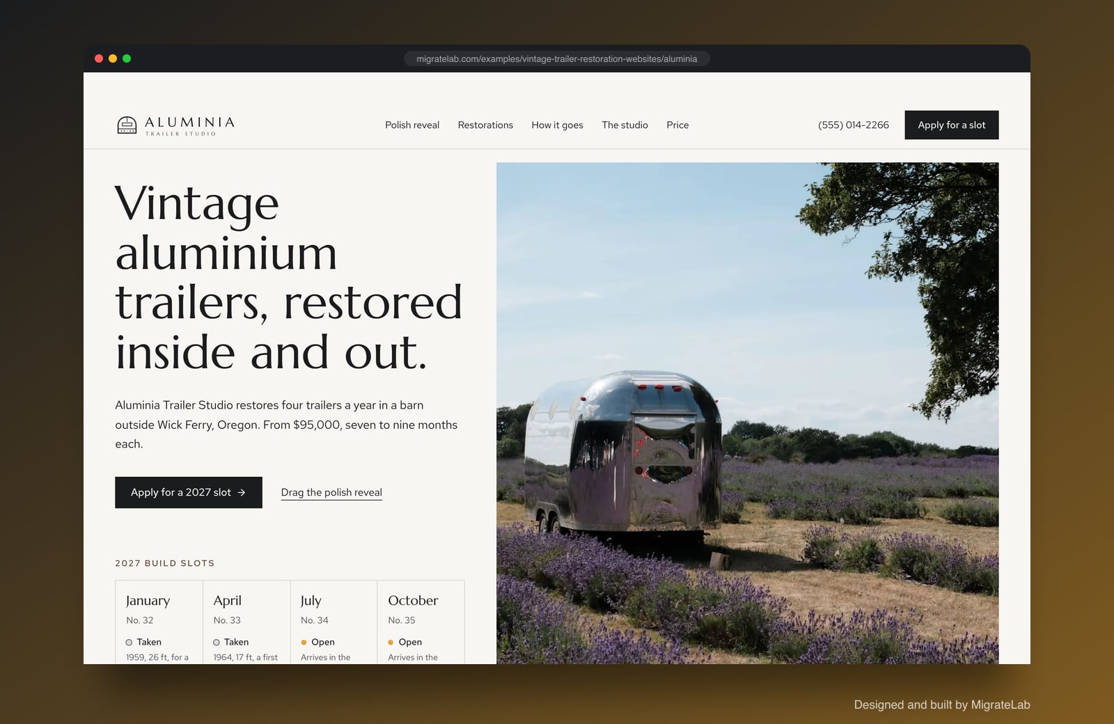 Vintage trailer restorer website example by MigrateLab: Aluminia Trailer Studio, a premium design-led design shown in a browser