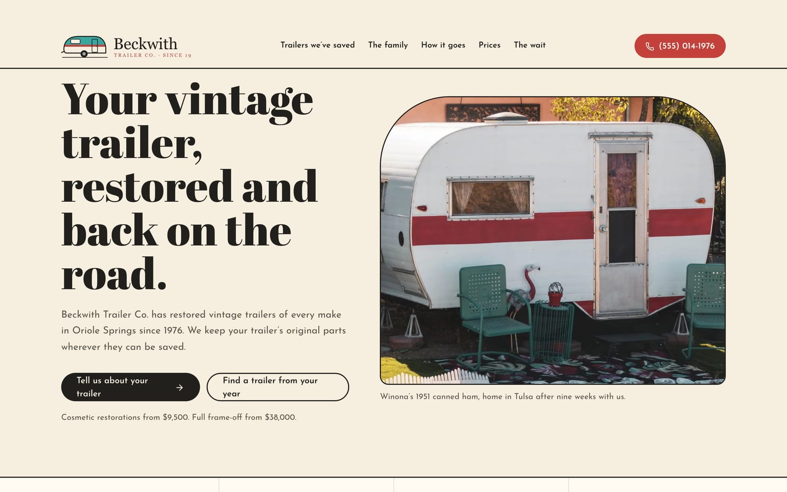 Vintage trailer restorer website design: Beckwith Trailer Co. home page, heritage and trust style