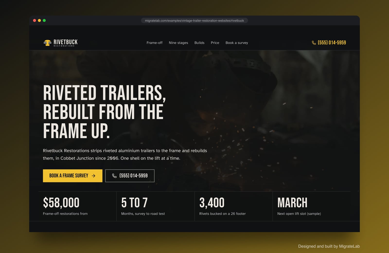 Vintage trailer restorer website example by MigrateLab: Rivetbuck Restorations, a bold and industrial design shown in a browser