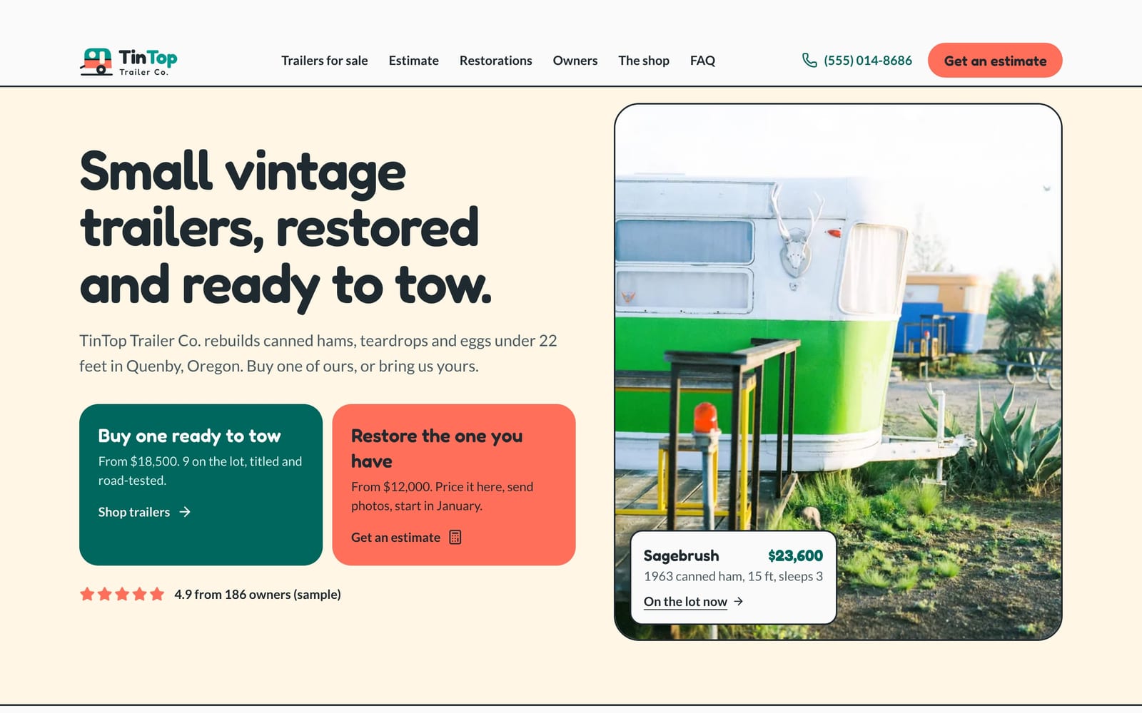 Vintage trailer restorer website design: TinTop Trailer Co. home page, lead machine style