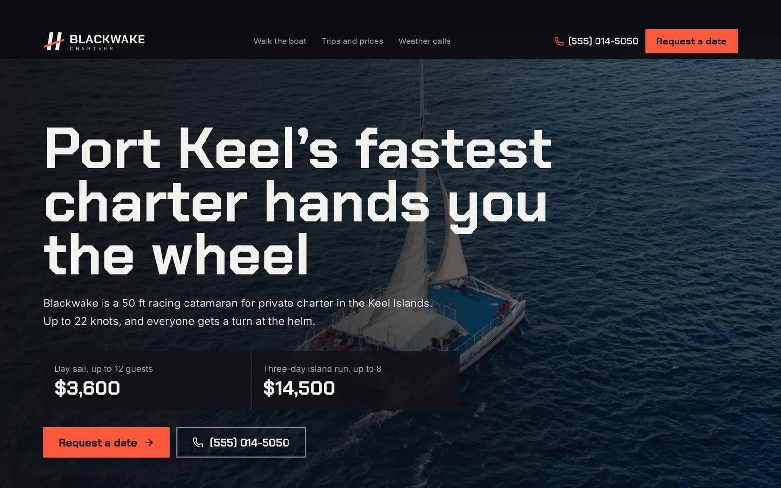 Yacht charter website design: Blackwake Charters home page, bold and industrial style