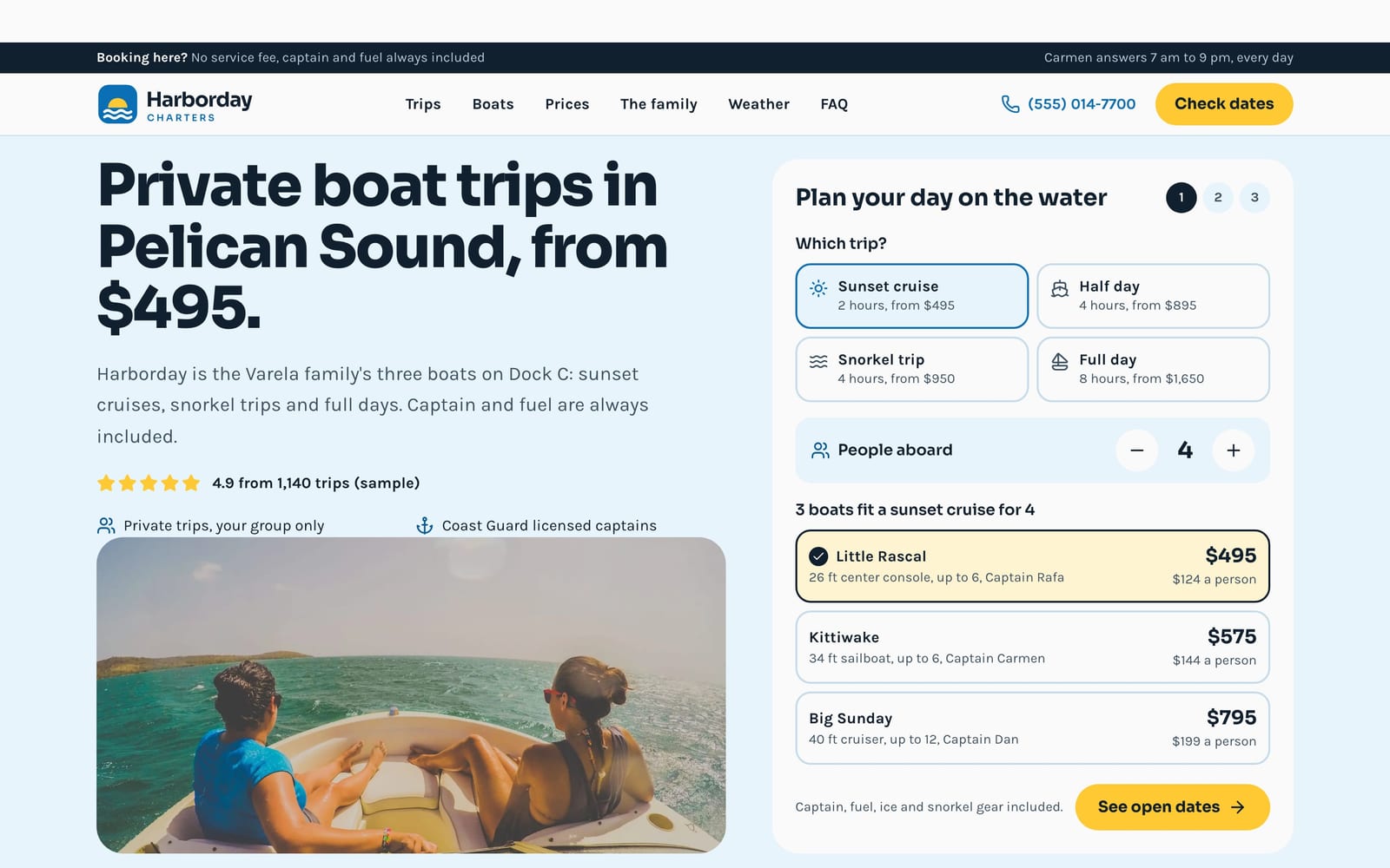 Yacht charter website design: Harborday Charters home page, lead machine style