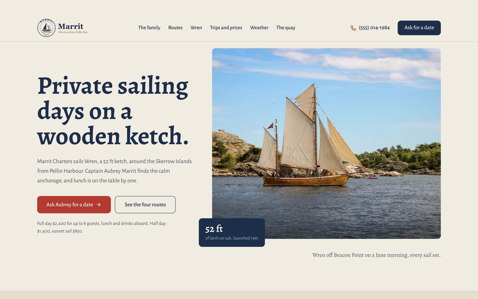 Yacht charter website design: Marrit Charters home page, heritage and trust style