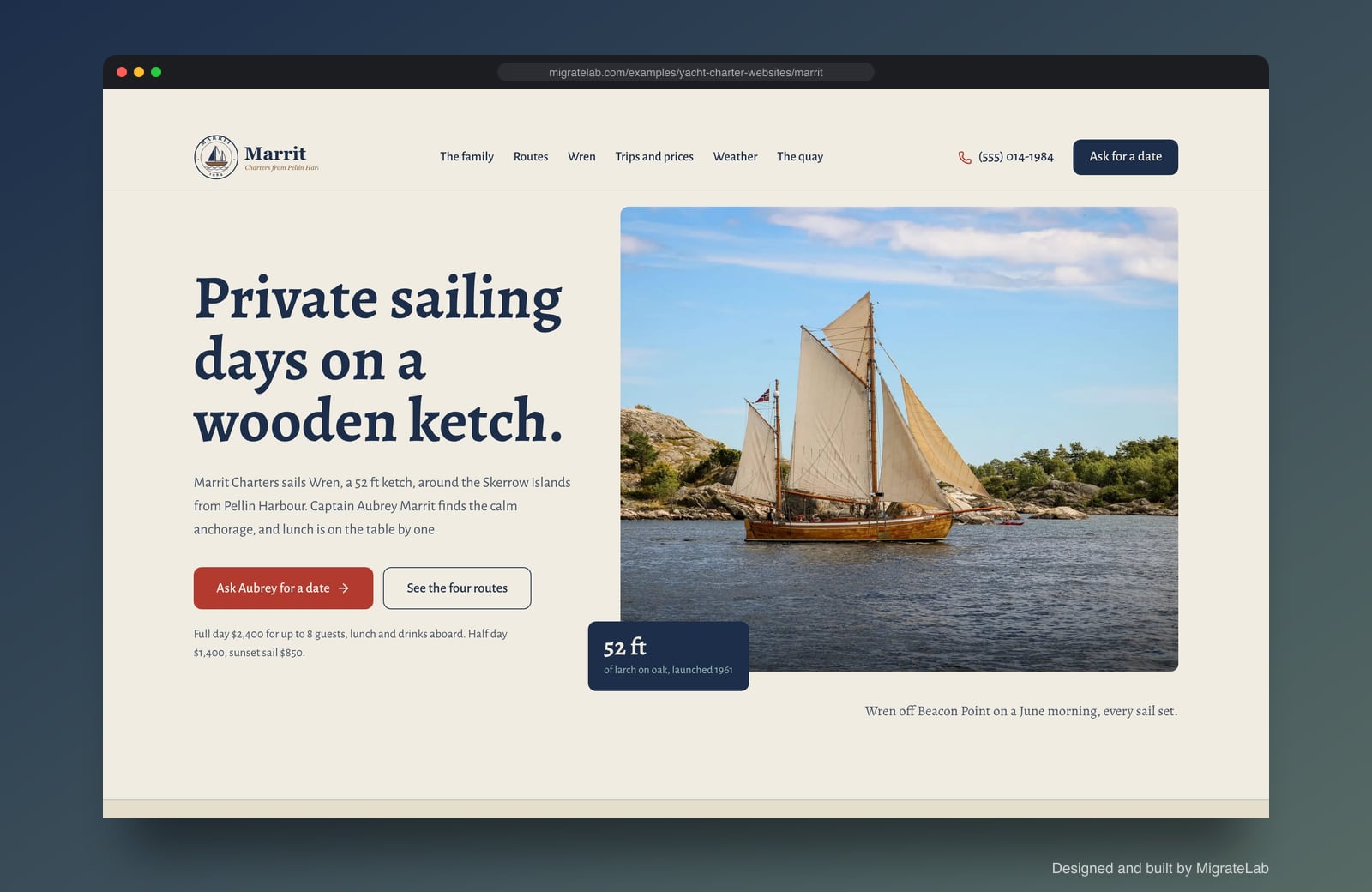 Yacht charter website example by MigrateLab: Marrit Charters, a heritage and trust design shown in a browser